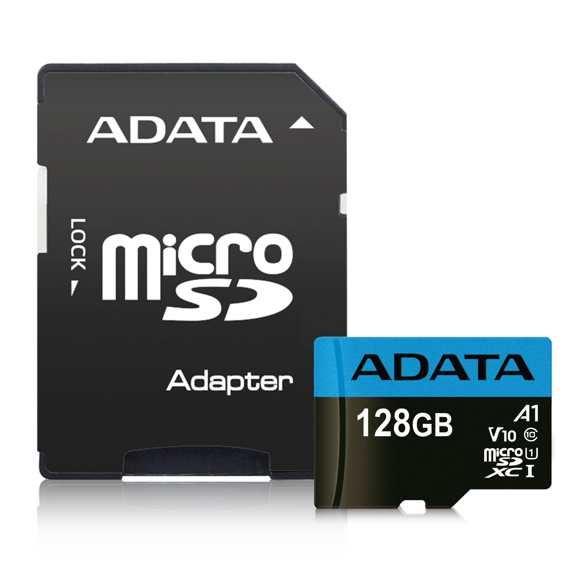 Ein schwarzer ADATA Micro-SD-Adapter und eine blaue ADATA Micro-SD-Karte. Die Karte hat 128 GB und andere Spezifikationen.