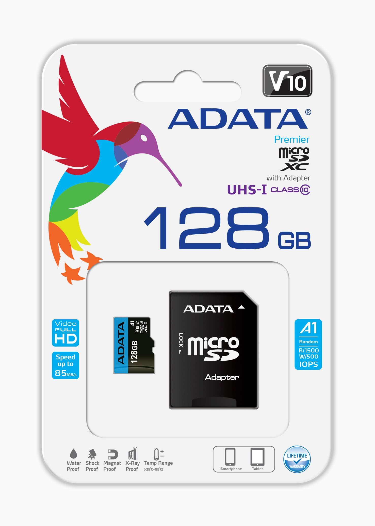 ADATA 128GB microSD-Kartenverpackung. Sie zeigt ein buntes Kolibri-Logo, eine Micro-SD-Karte und einen Adapter.
