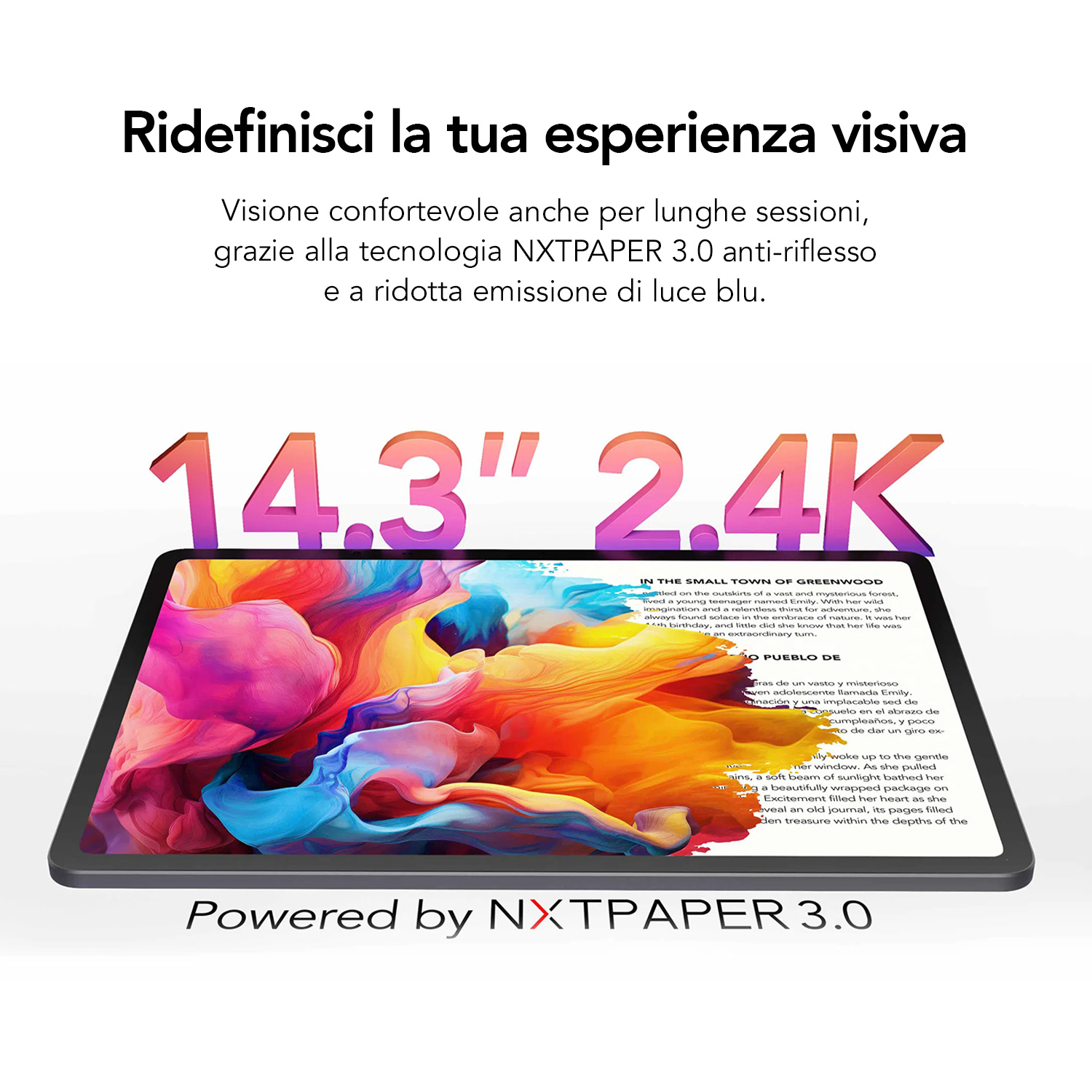 Tableta que muestra arte abstracto colorido con texto. La pantalla dice "Ridefinisci la tua esperienza visiva" con otro texto.