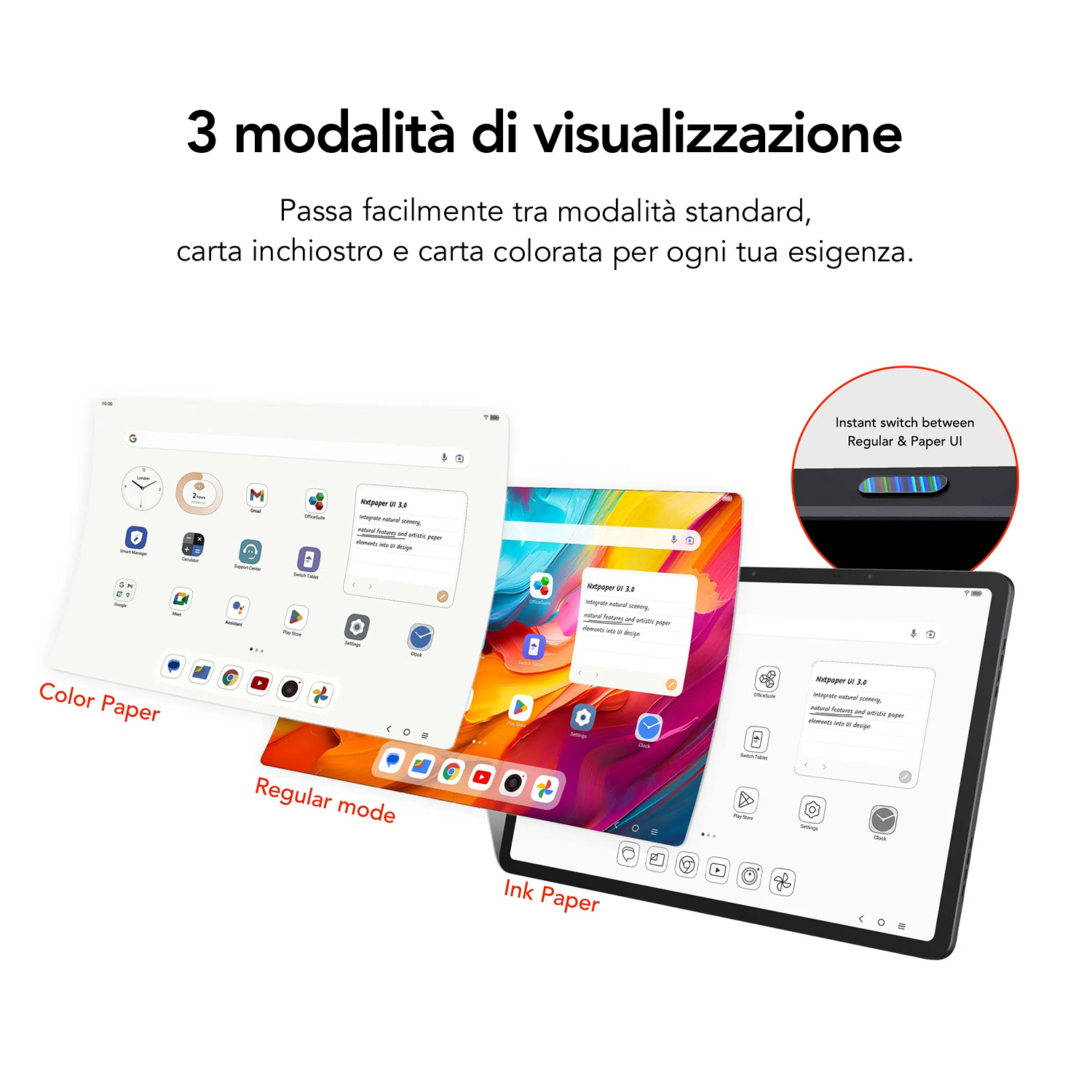 Trzy tablety pokazują różne tryby wyświetlania: Color Paper, Tryb normalny i Ink Paper. Tekst podkreśla przełączanie.