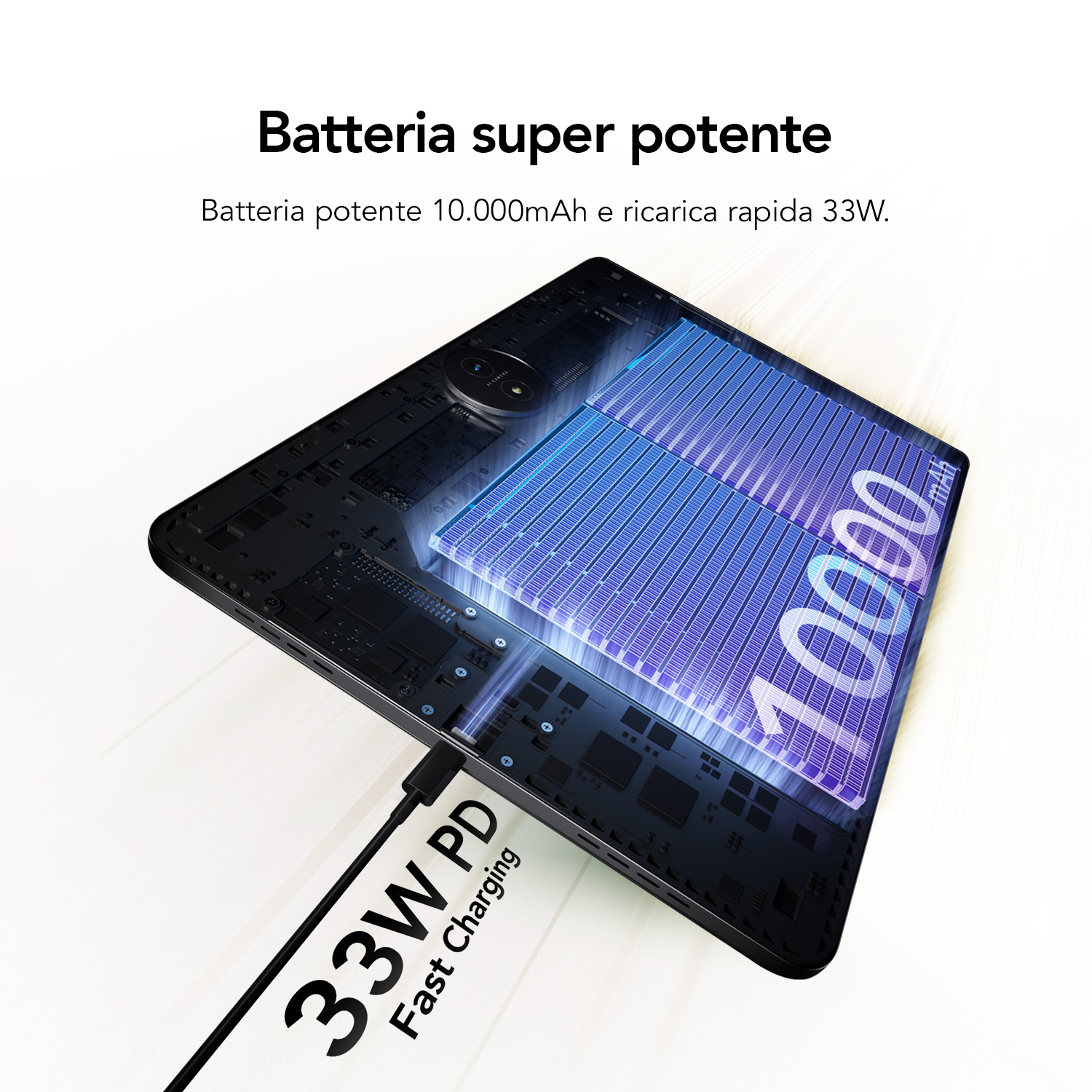 Un teléfono cargando, que muestra carga rápida de 33W y una batería de 10,000mAh. El teléfono es negro y el cable de carga está conectado.