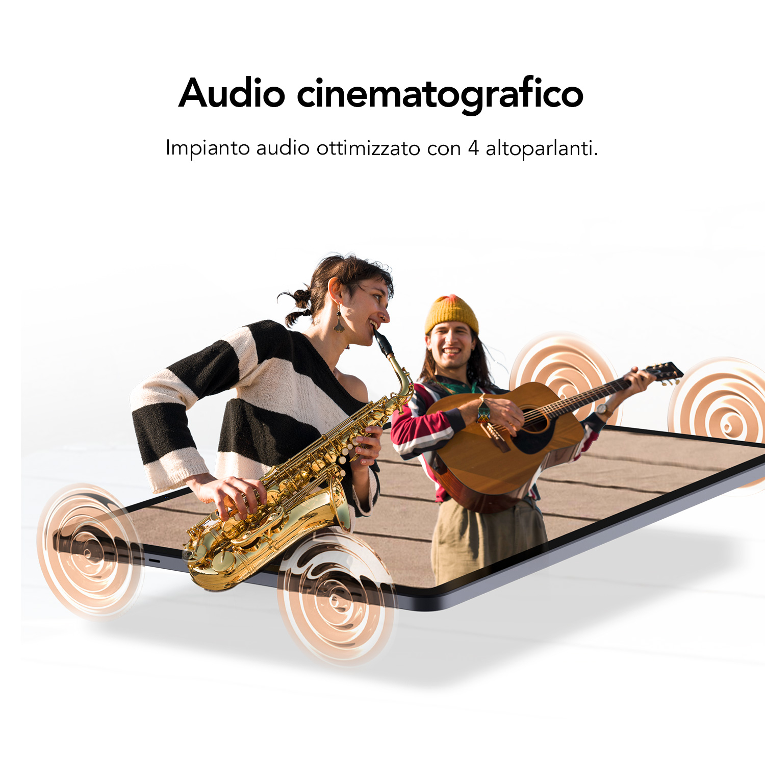 Dos personas tocando música. Uno toca el saxofón, el otro la guitarra. La imagen está estilizada para que parezca que sale de una pantalla de tableta.