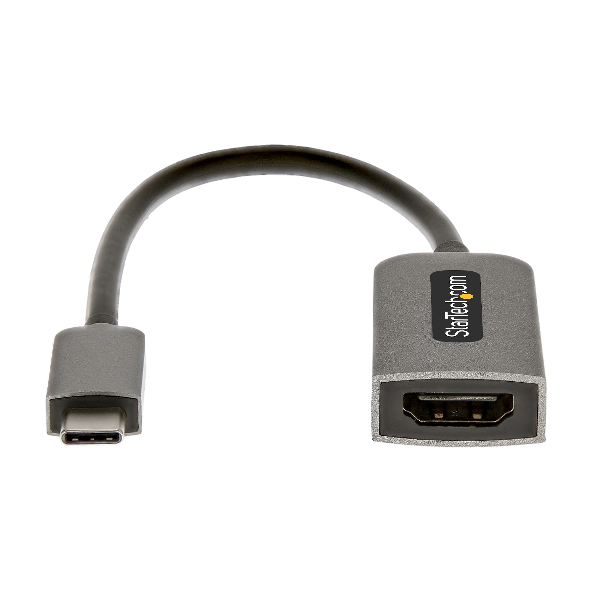 Un cable adaptador USB-C a HDMI gris. El cable es gris oscuro. El logotipo de StarTech.com es visible en el extremo HDMI.