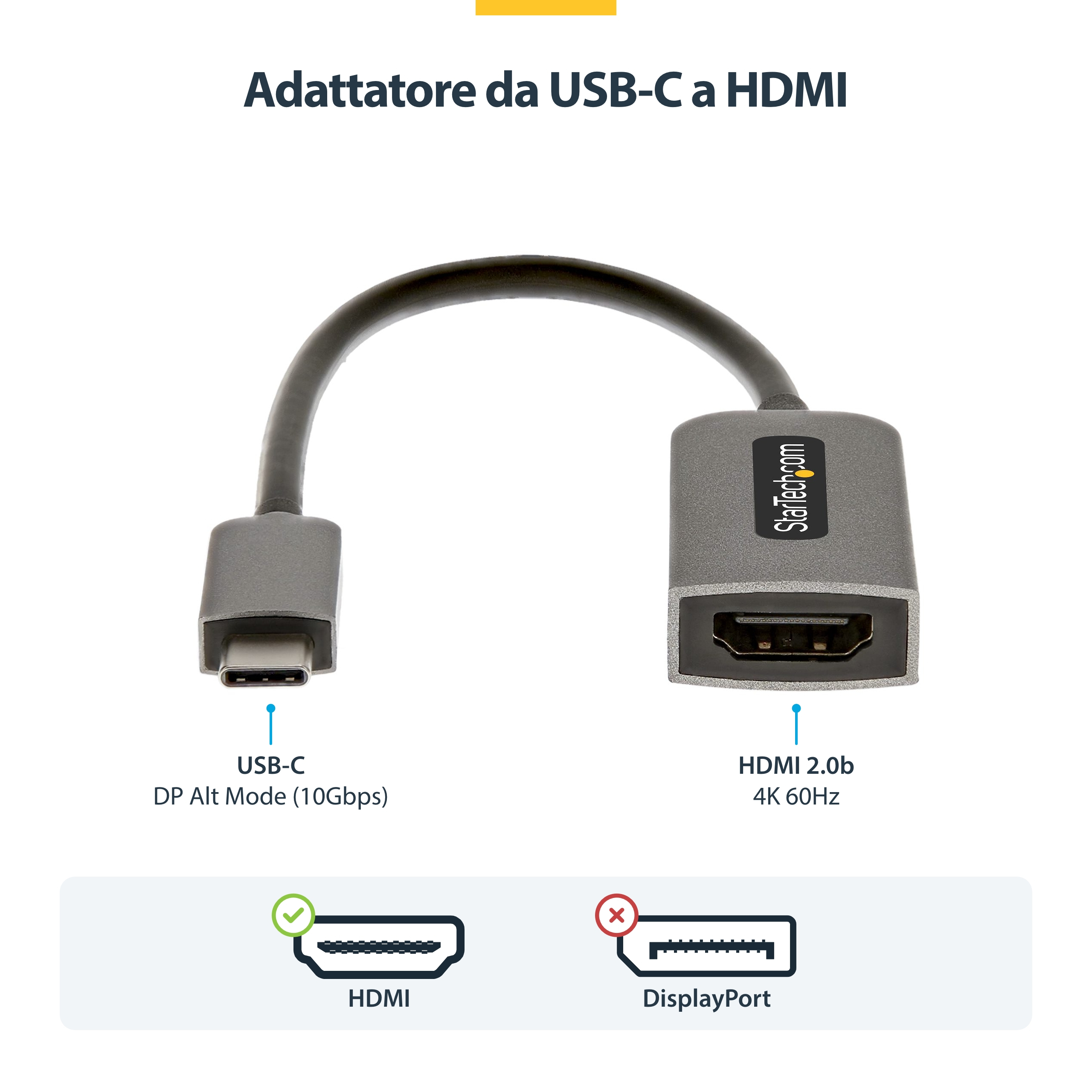 Un adaptador con conectores USB-C y HDMI. Etiquetas de texto: USB-C, HDMI 2.0b, DisplayPort. La marca es StarTech.com.