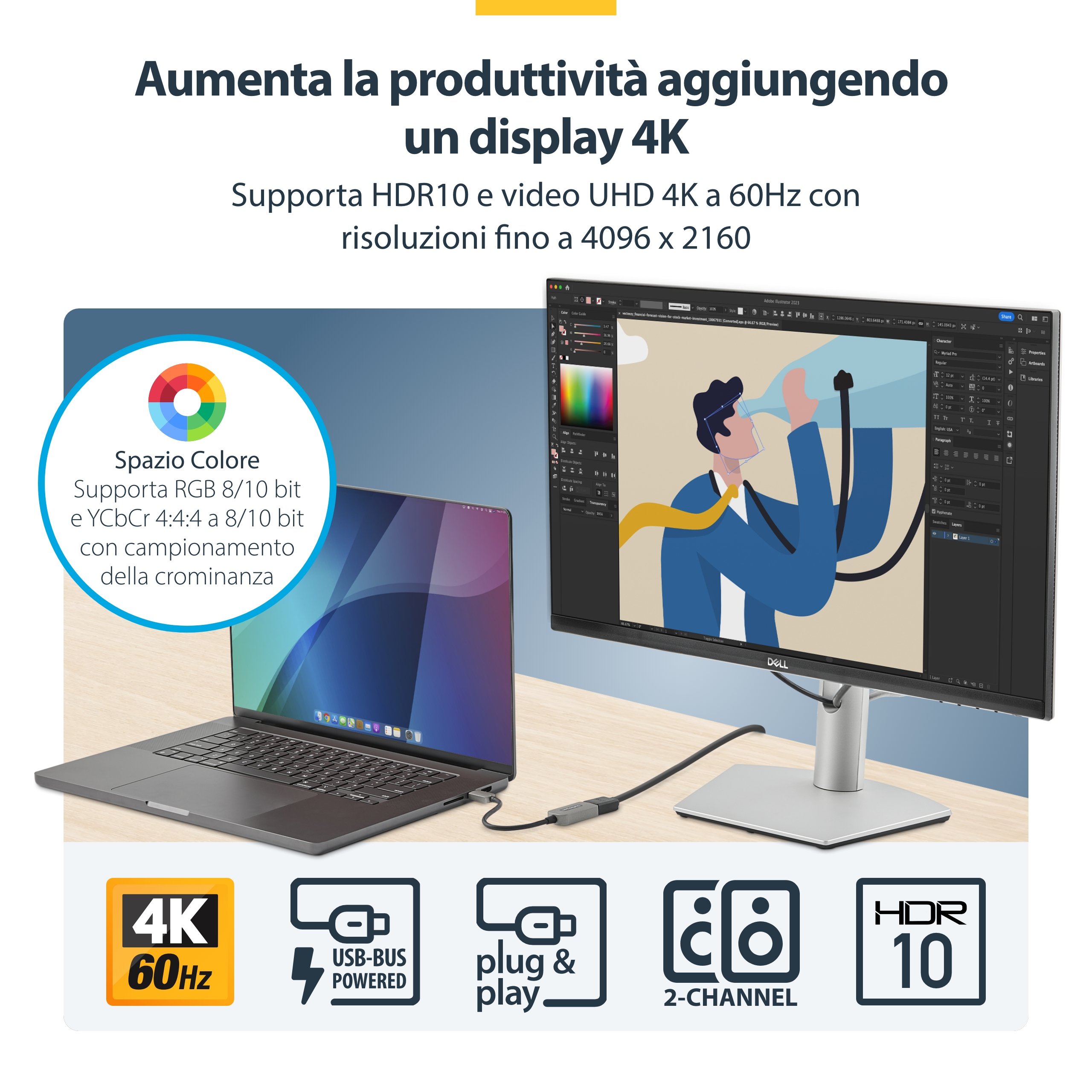 Una laptop conectada a un monitor, con texto sobre las características de la pantalla 4K. Hay iconos y una paleta de colores.