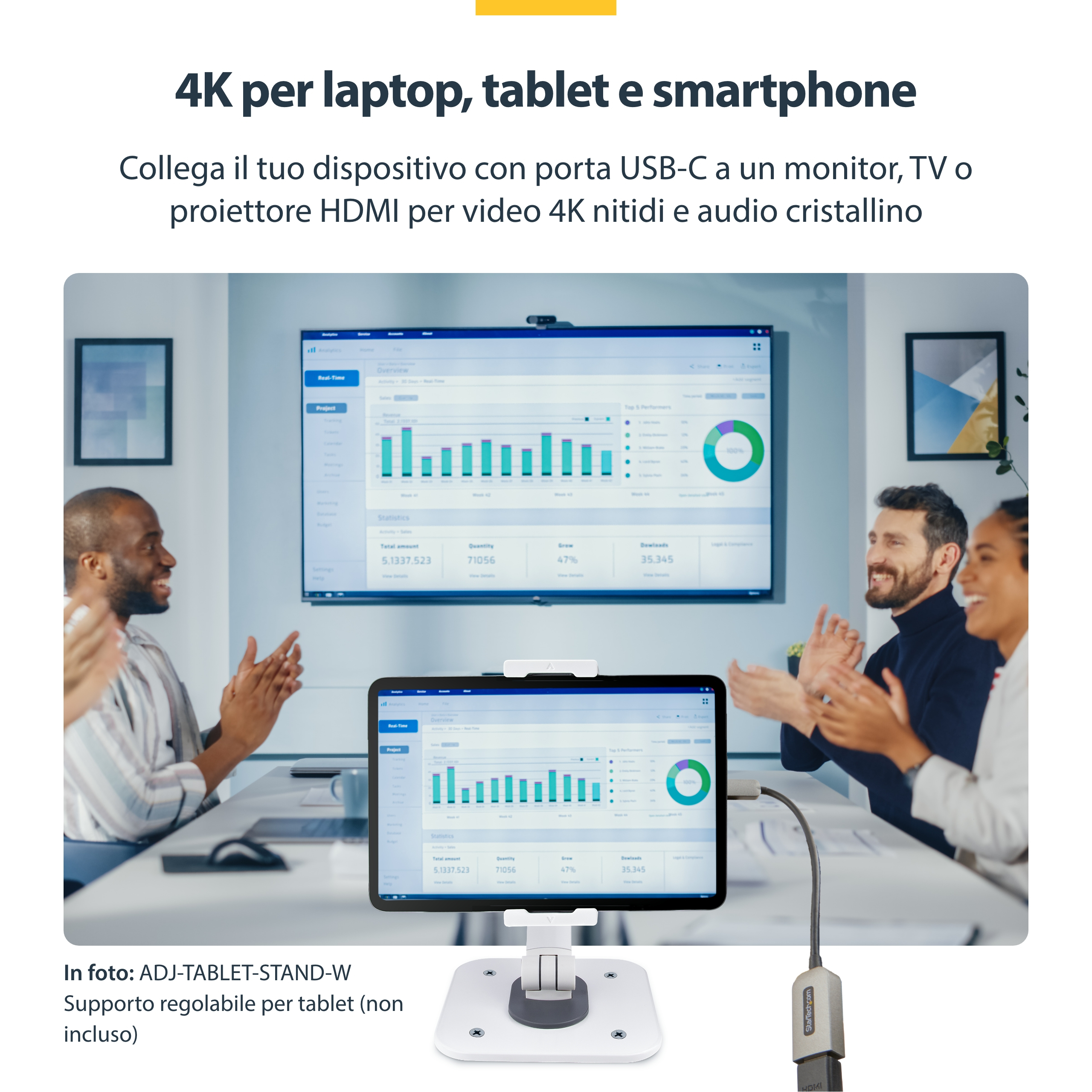 Gente aplaudiendo en una mesa con una tableta que muestra gráficos. Un cable conecta la tableta a un dispositivo.