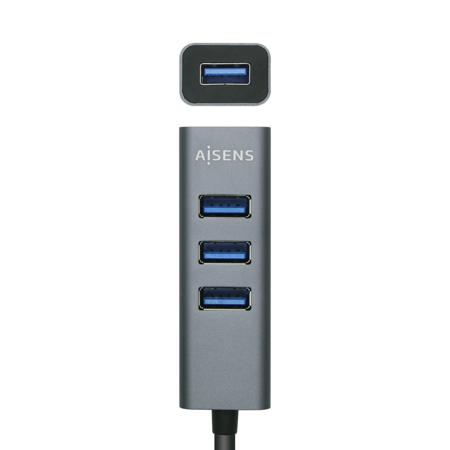 Un concentrador USB gris con cuatro puertos USB, más un puerto separado. La marca es 'AiSENS'. Los conectores son azules.