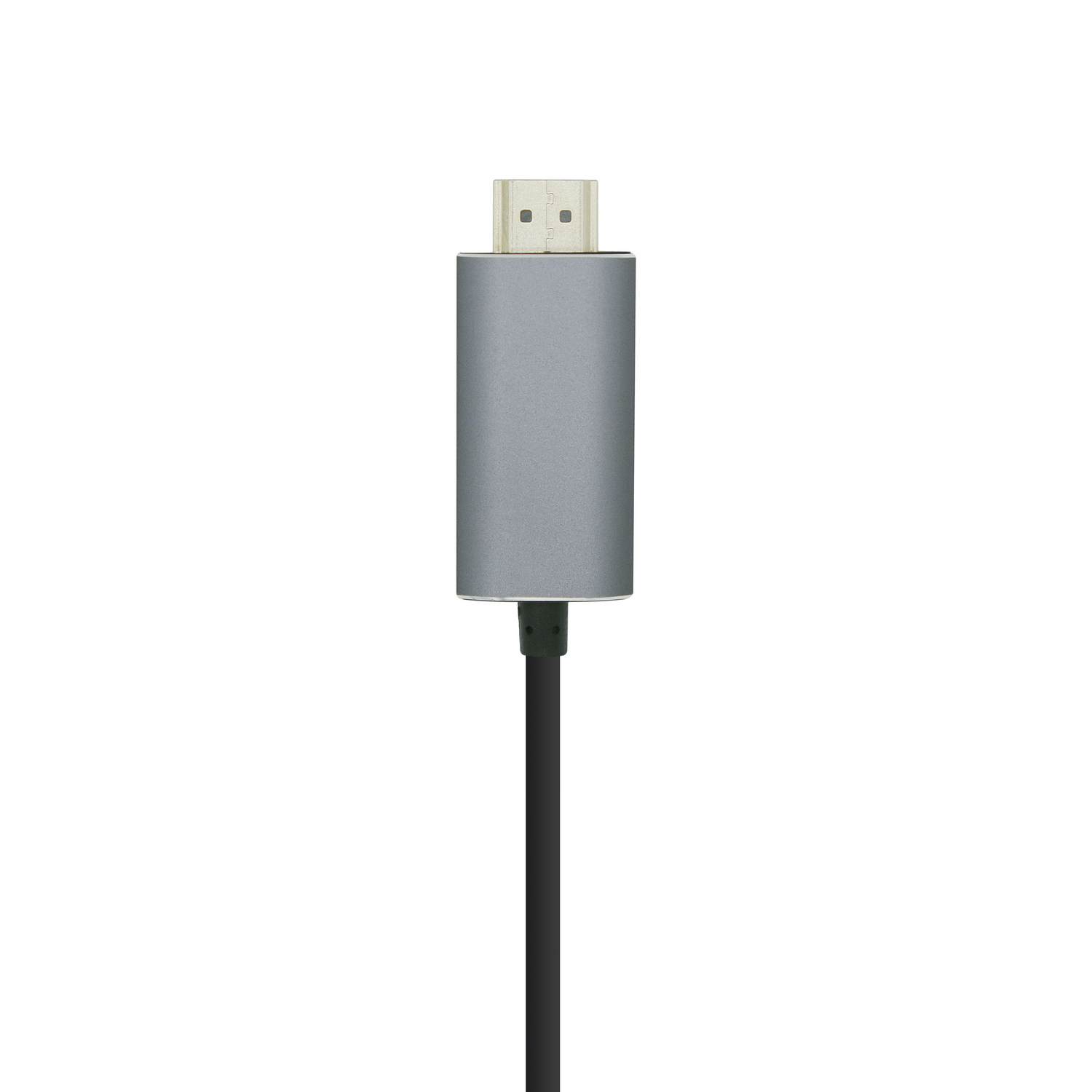 A close-up of an HDMI cable. The cable has a gray connector, a black wire, and a white background.