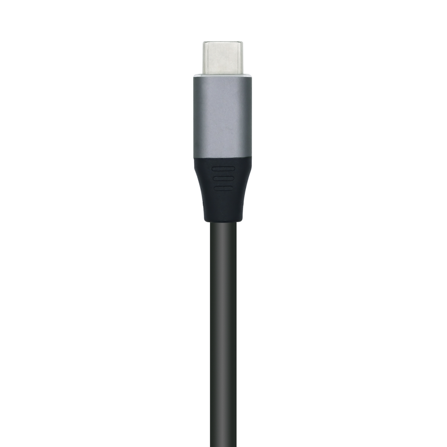 Un cable USB-C. Tiene un conector plateado, una sección media gris, una base negra y un cable negro que se extiende hacia abajo.