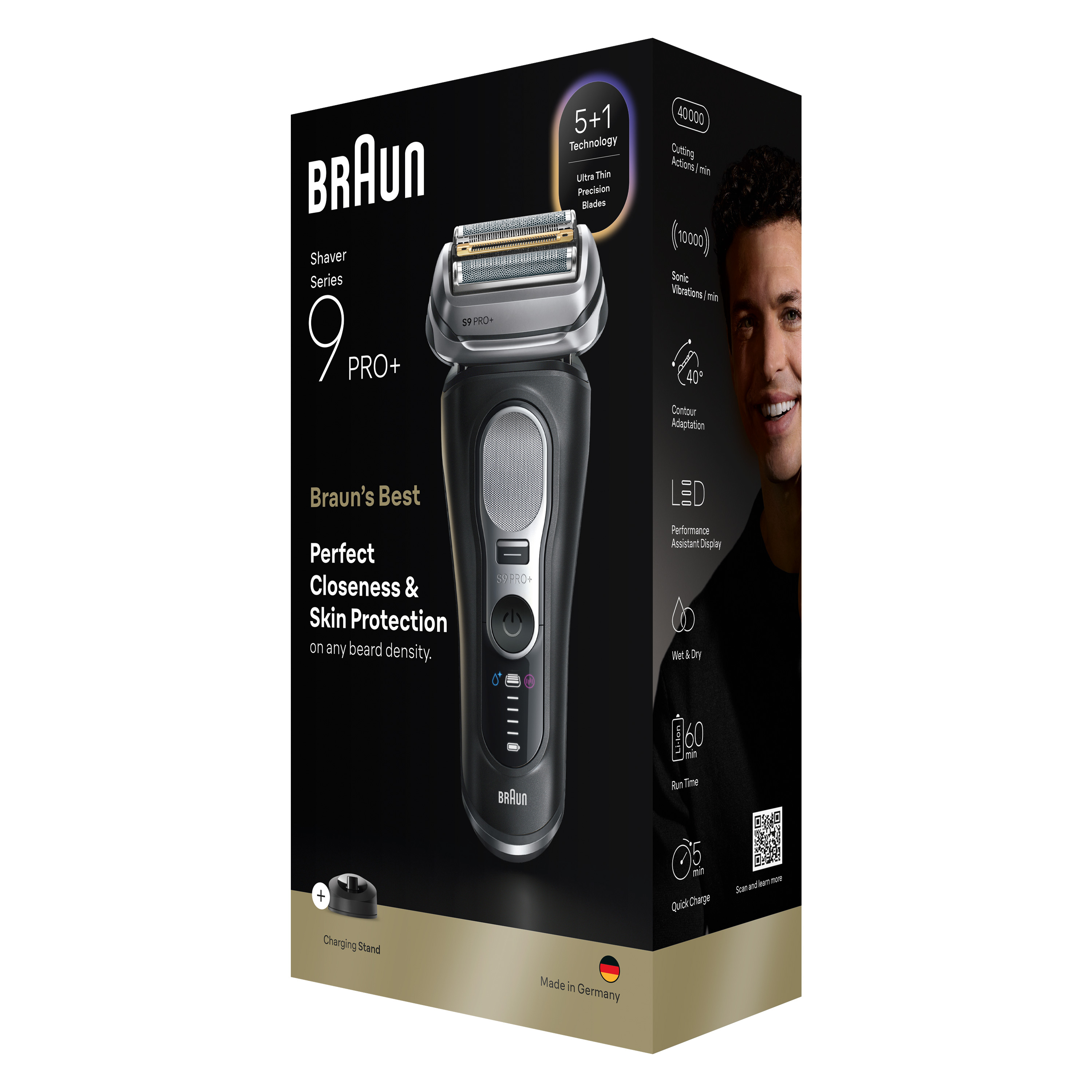 Un rasoir Braun Series 9 Pro+ est présenté, avec des fonctionnalités comme la technologie 5+1, et le visage d'un homme.