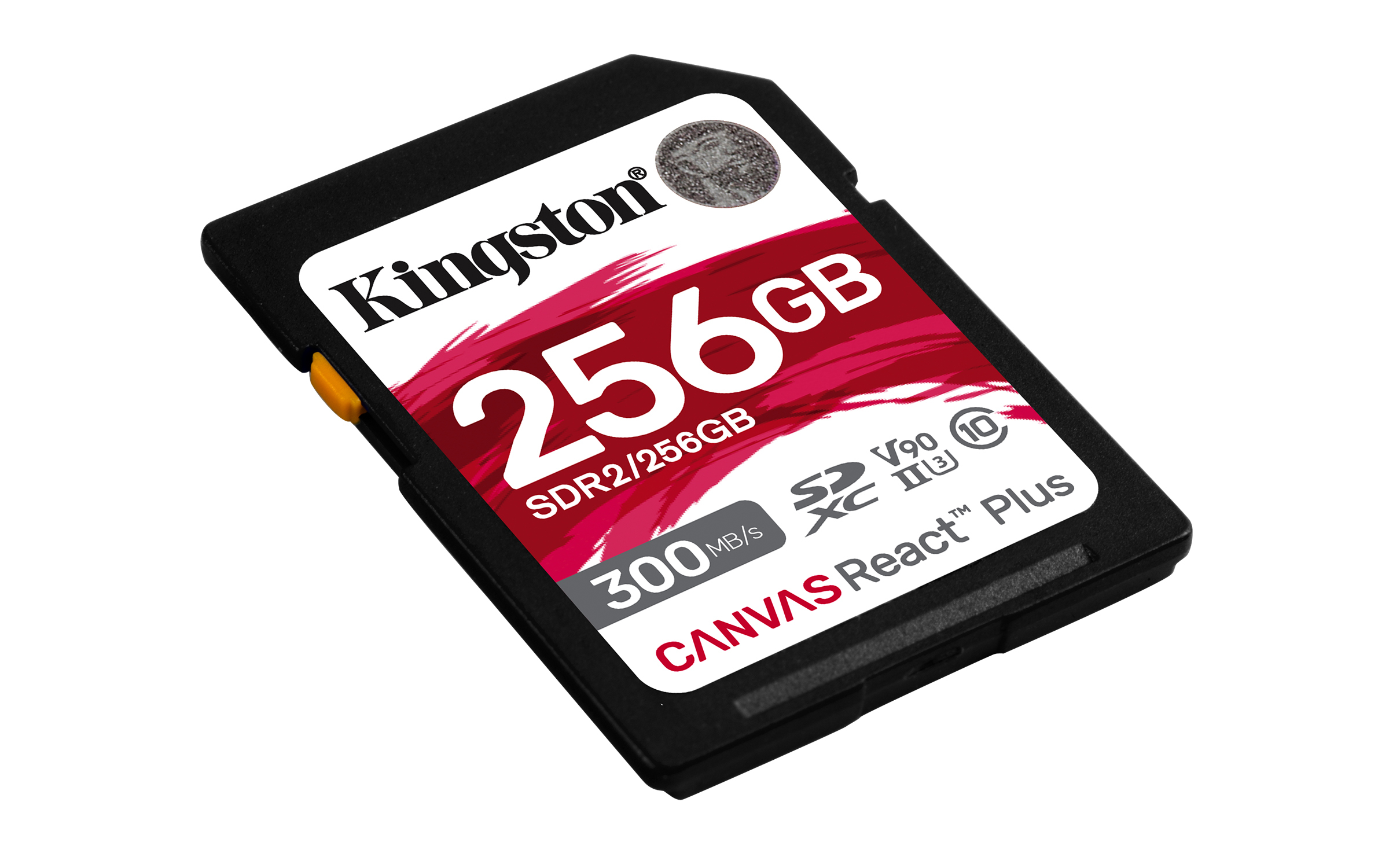 Eine schwarze Kingston 256GB SD-Karte. Sie hat ein weißes Etikett mit rotem Text und das Kingston-Logo. Die Karte hat eine orange Ecke.