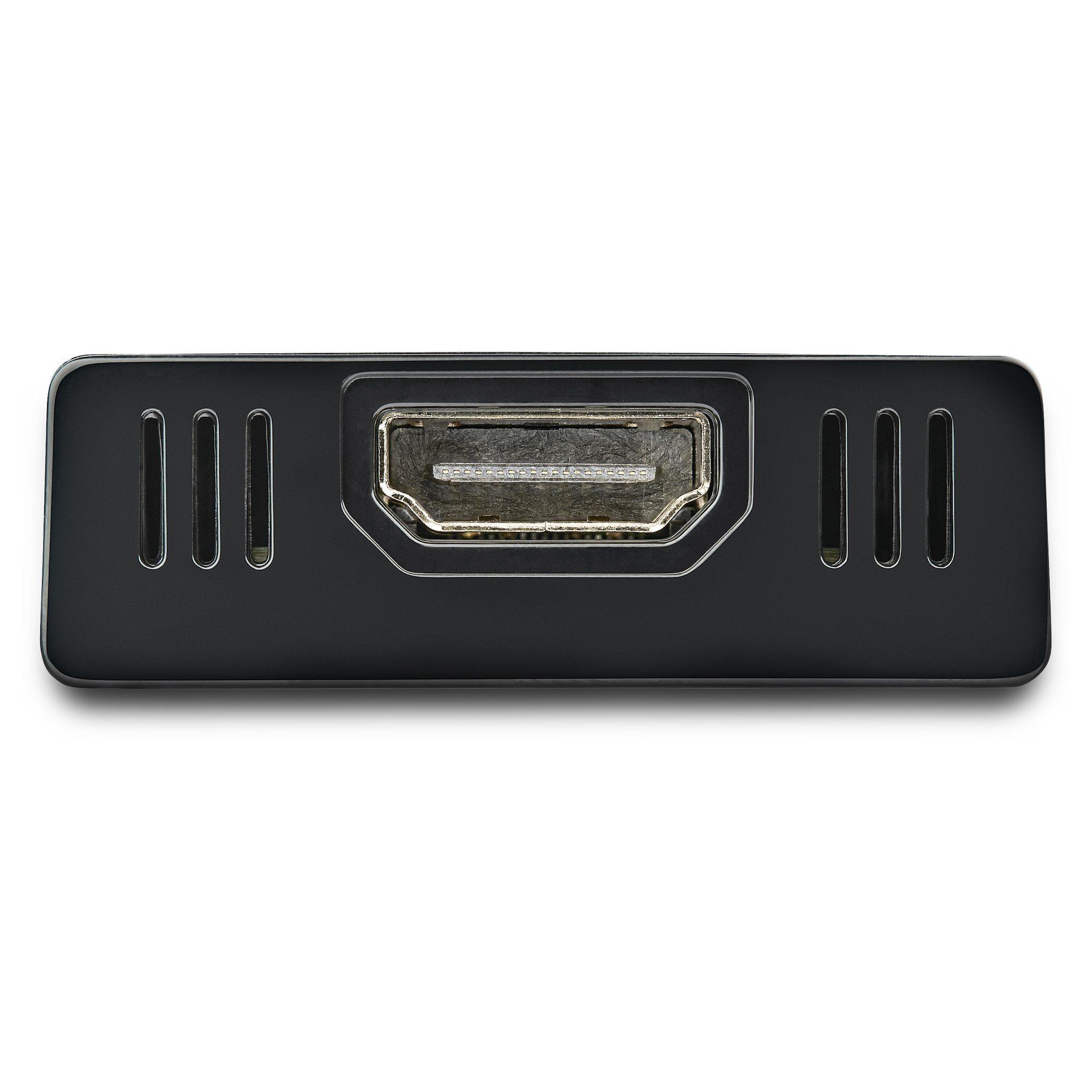 Primer plano de un puerto HDMI negro, con tres ranuras verticales a cada lado. El fondo es blanco.