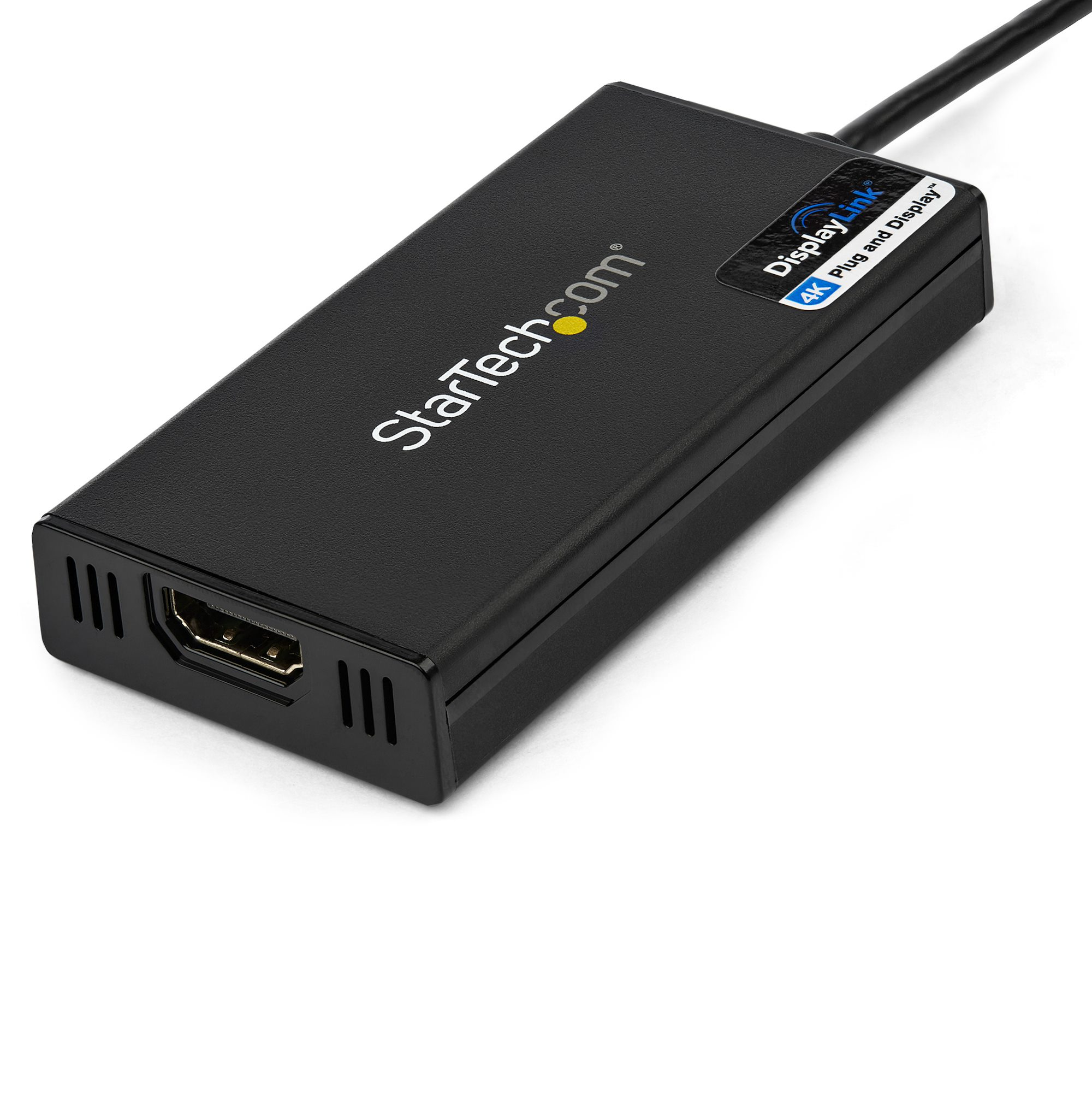 Adaptador Display Link StarTech negro con puerto HDMI y cable, sobre fondo blanco.