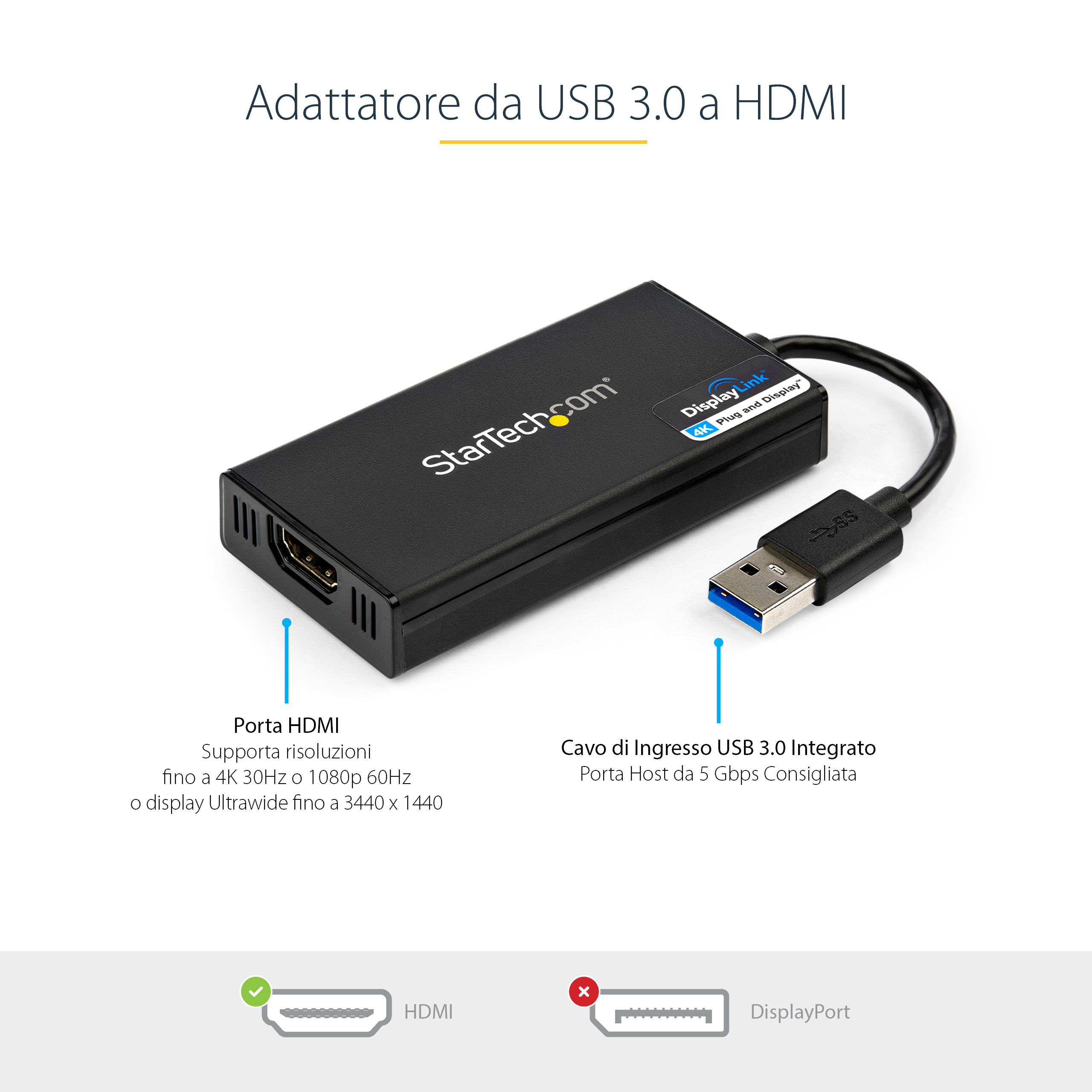 Adaptador USB a HDMI negro con entrada USB 3.0 y salida HDMI, etiquetado con texto en italiano.