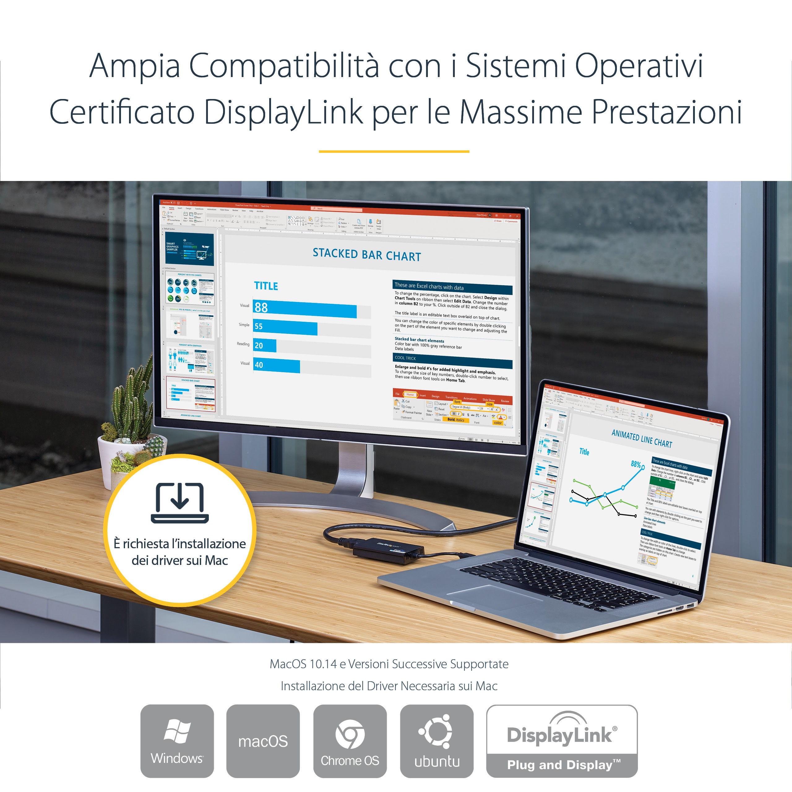 Un portátil muestra gráficos conectados a un monitor. Incluye iconos de SO y el logotipo 'DisplayLink'.