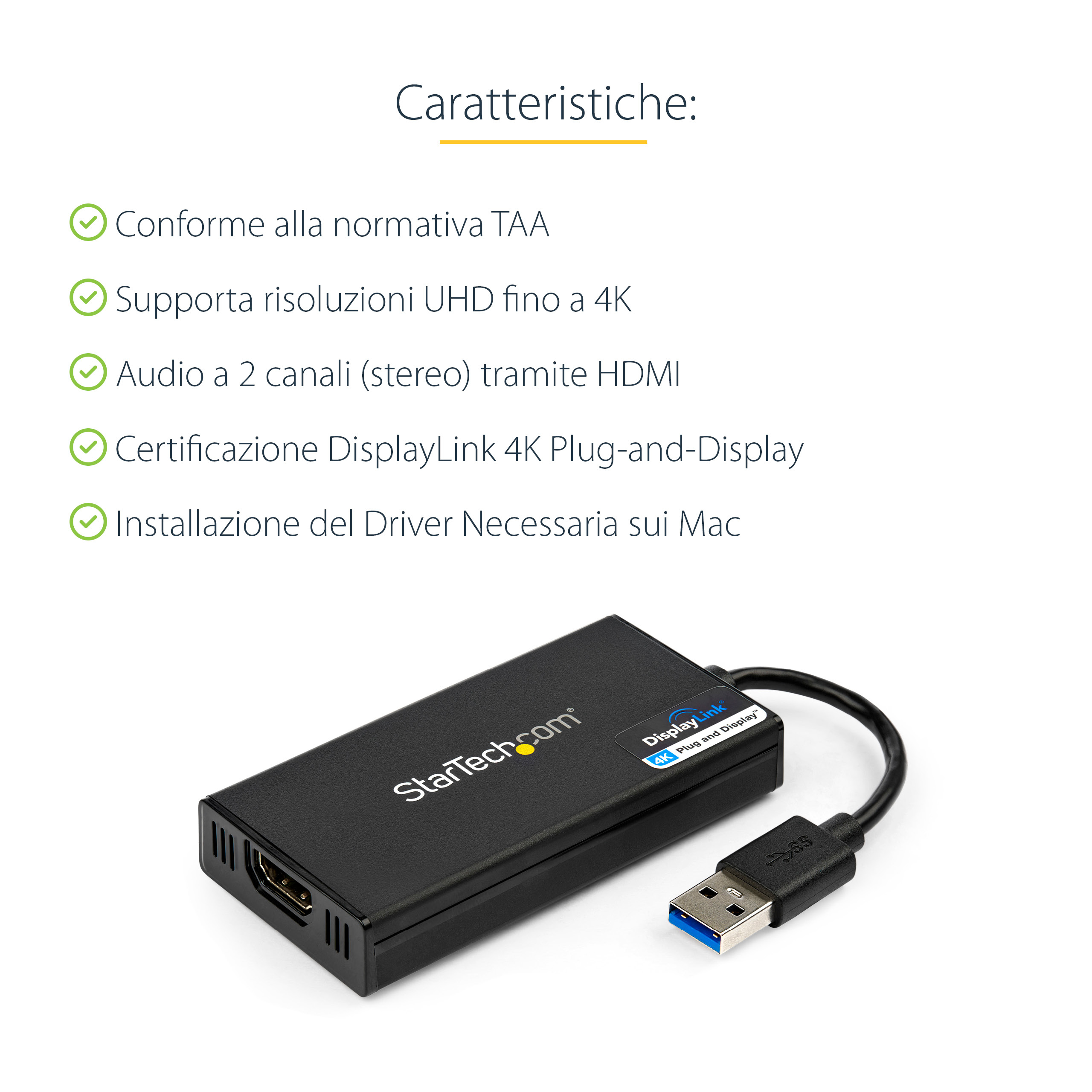 Adaptador negro StarTech.com con cable USB, enumera funciones en italiano. Fondo blanco.