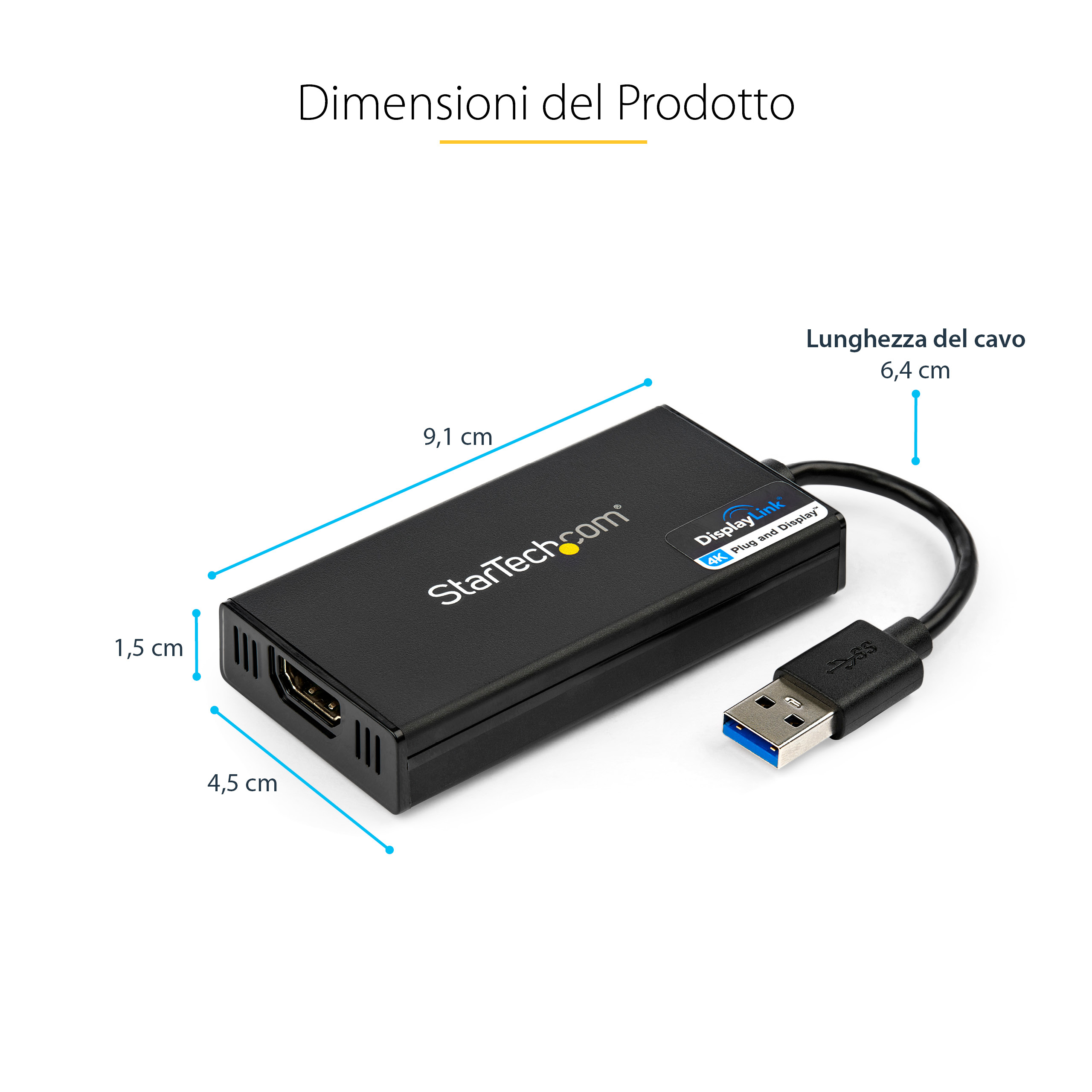 Adaptador StarTech negro con cable, extremo USB y dimensiones etiquetadas. Texto: Dimensioni del Prodotto.