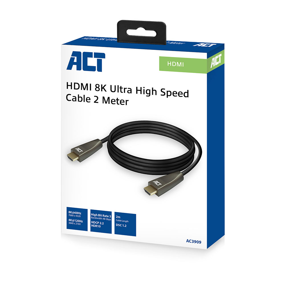 Een HDMI-kabel en de doos. De doos is wit en blauw met het merk ACT. De kabel is zwart.
