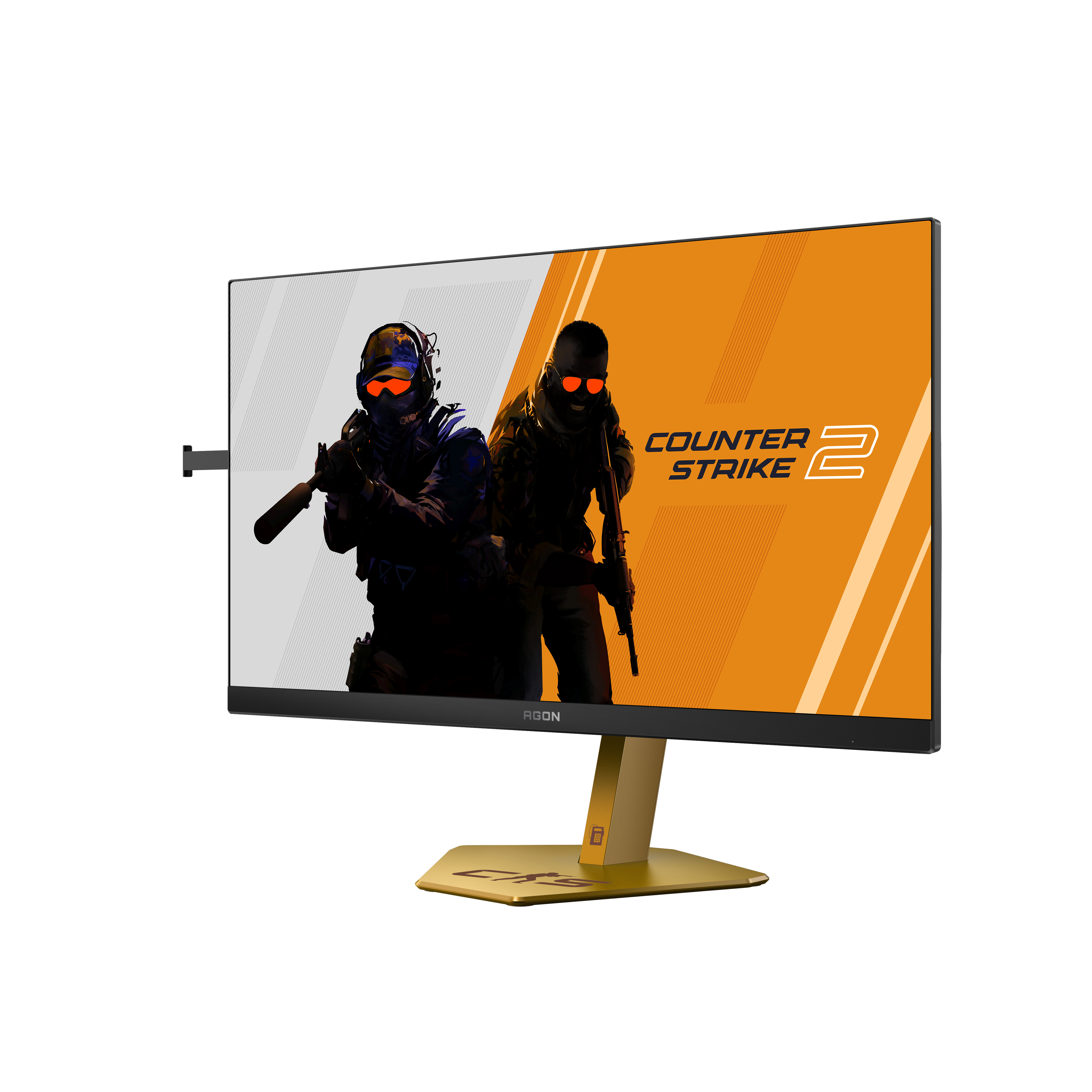 Monitor komputera wyświetla obraz Counter-Strike 2. Monitor stoi na złotym stojaku. Tło jest białe.