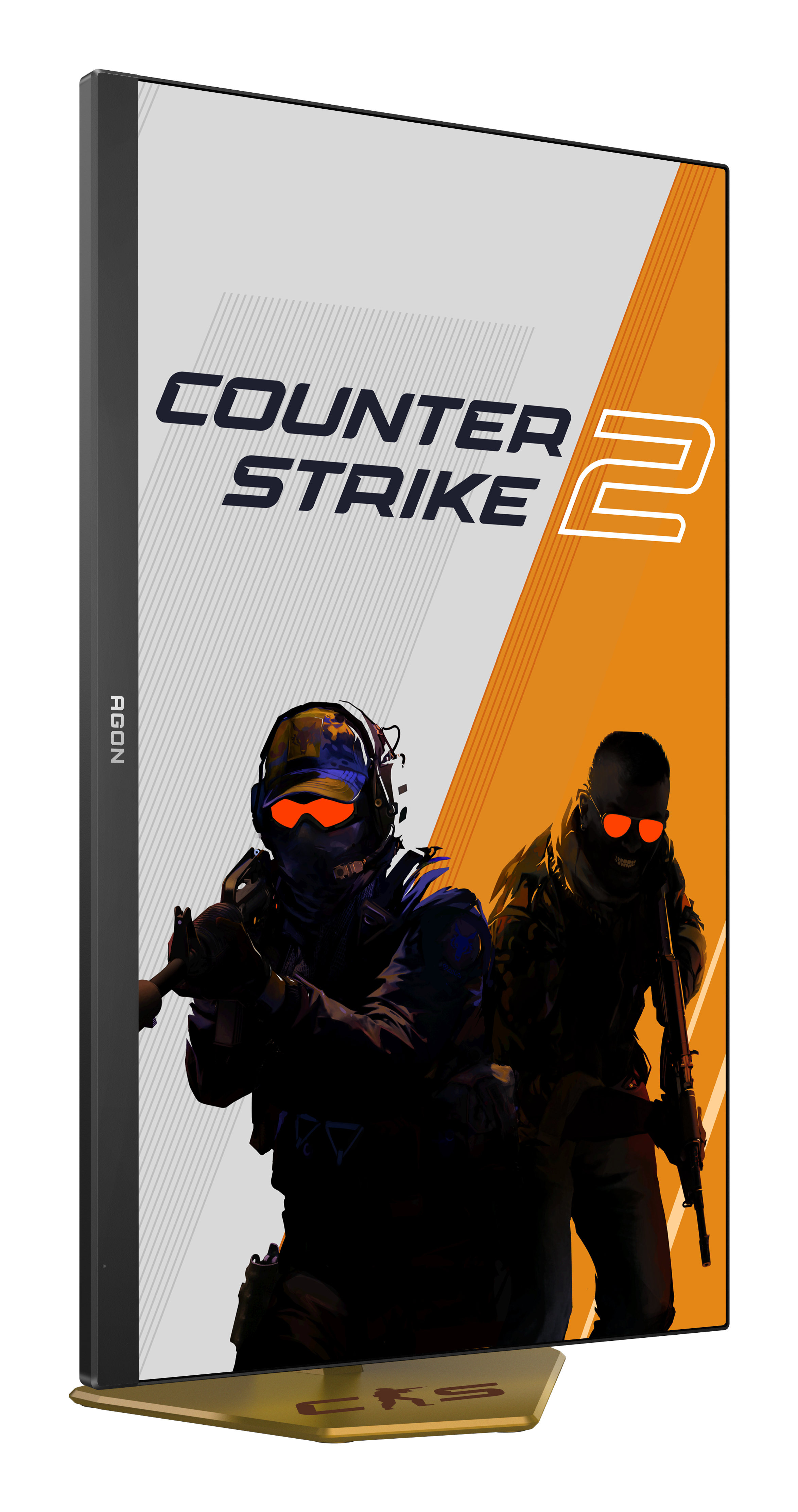 Grafika okładki gry Counter-Strike 2. Dwóch żołnierzy z bronią. Pomarańczowe i białe tło z tytułem gry.