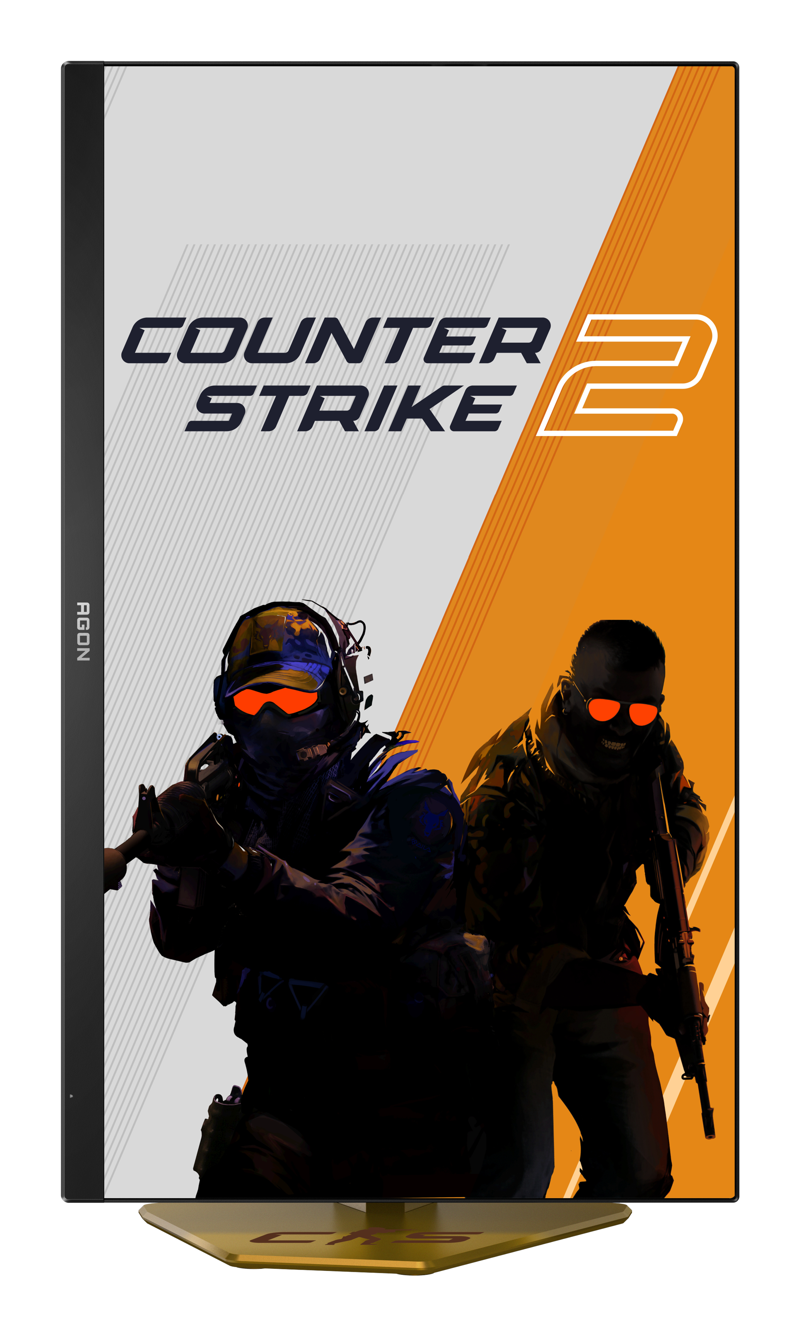 Plakat Counter-Strike 2 z dwoma żołnierzami w hełmach i z bronią. Pomarańczowe i szare tło.