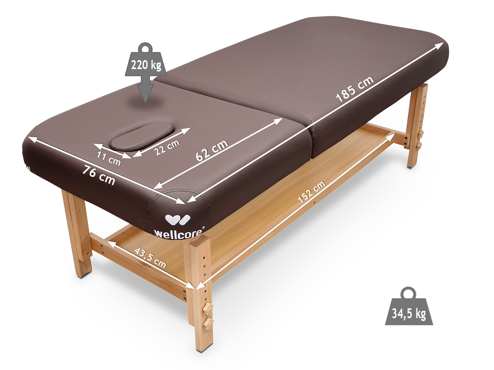 Una camilla de masaje marrón con dimensiones etiquetadas. Los pesos son 220 kg y 34,5 kg. La marca es Wellcore.