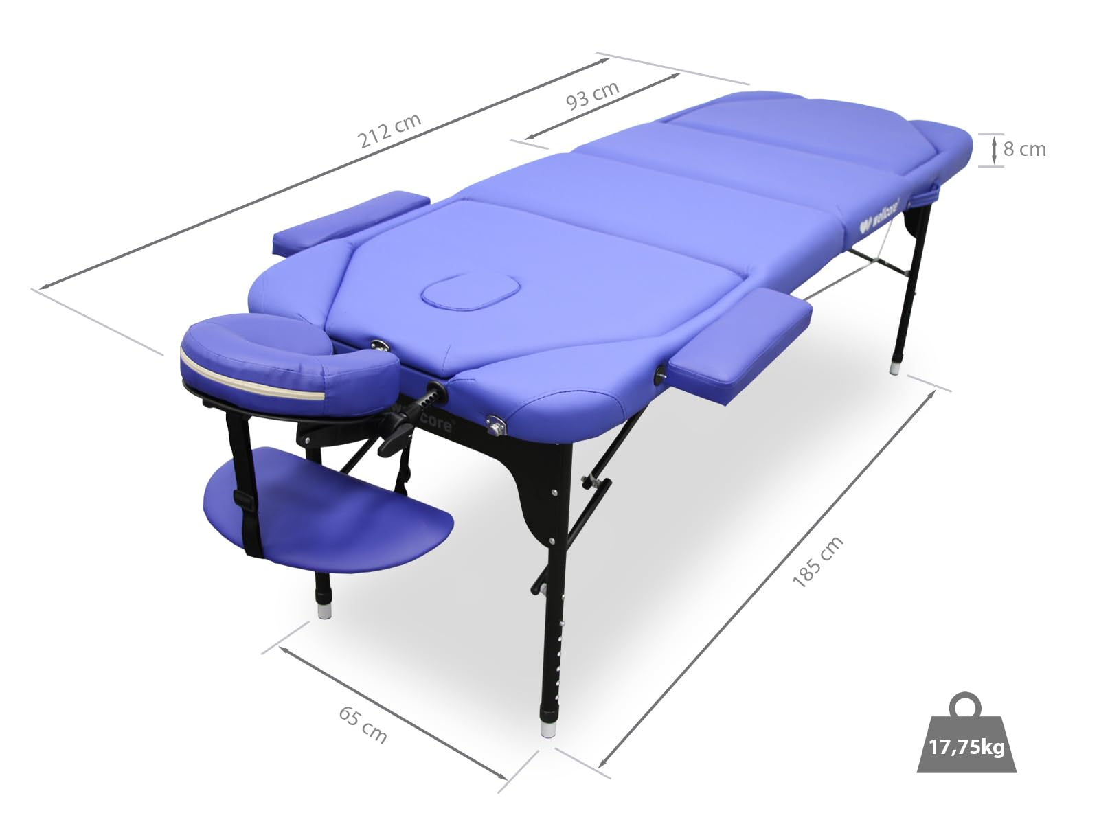 Una mesa de masaje azul con dimensiones etiquetadas. Las patas negras sostienen la mesa. Tiene un reposacabezas y reposabrazos. Se muestra una etiqueta de peso.