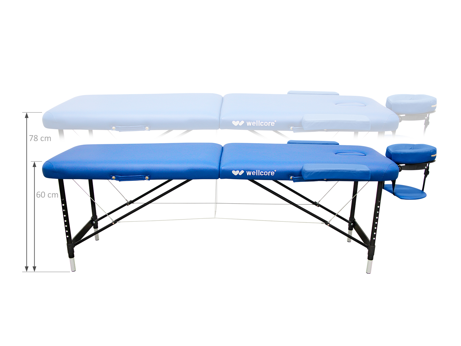 Mesa de masaje azul con marco negro. Las dimensiones son 78 cm de alto y 60 cm de ancho. Tiene reposacabezas y reposabrazos.