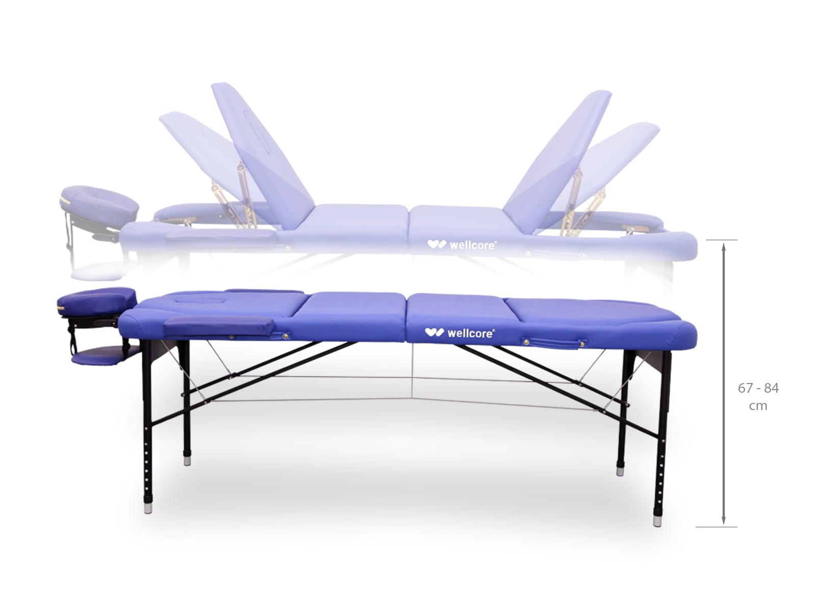 Una camilla azul con altura ajustable. Una imagen descolorida muestra las opciones de elevación. La altura es de 67-84 cm.