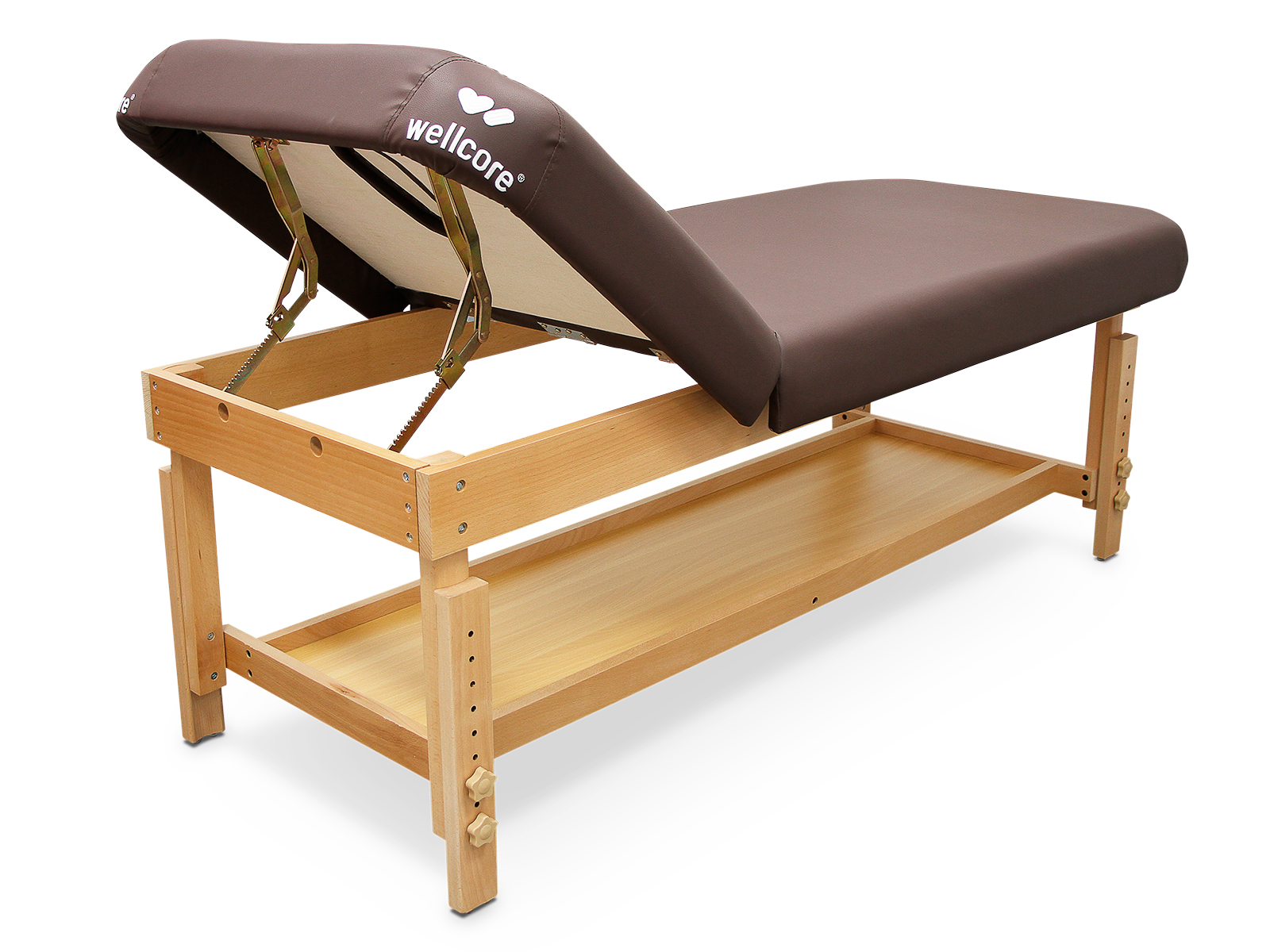 Mesa de masaje marrón con marco de madera. El reposacabezas está levantado y muestra el logo 'wellcore'.