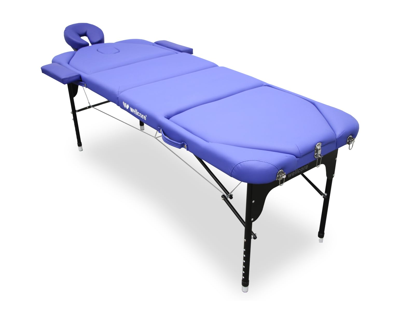 Una mesa de masaje morada sobre fondo blanco. Tiene reposacabezas, reposabrazos y patas negras ajustables.