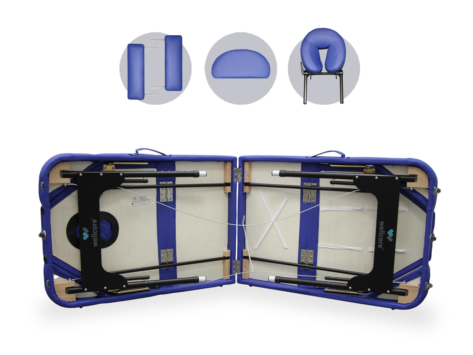 Mesa de masaje con detalles azules. Incluye opciones de reposacabezas: cuna facial, rectangular y media luna. Fondo blanco.