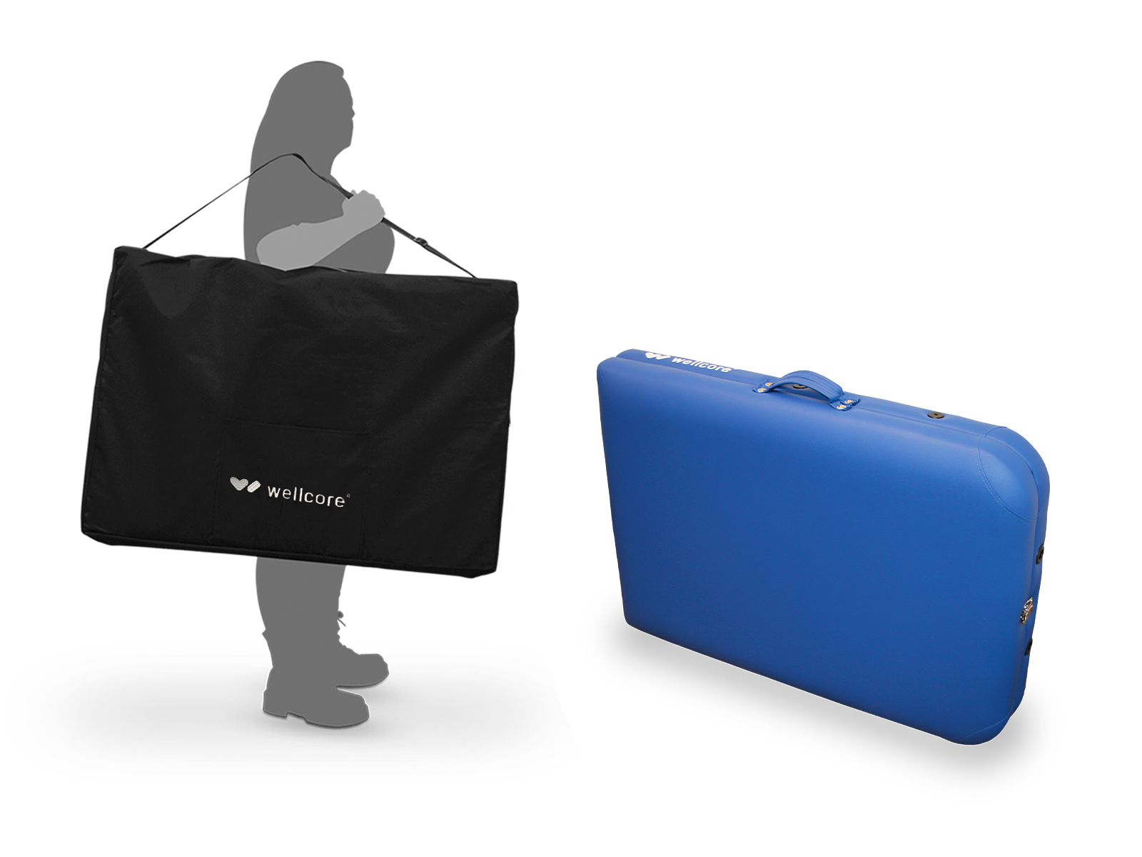 Una persona lleva una bolsa negra con un logotipo, junto a una camilla azul. Ambos sobre fondo blanco.
