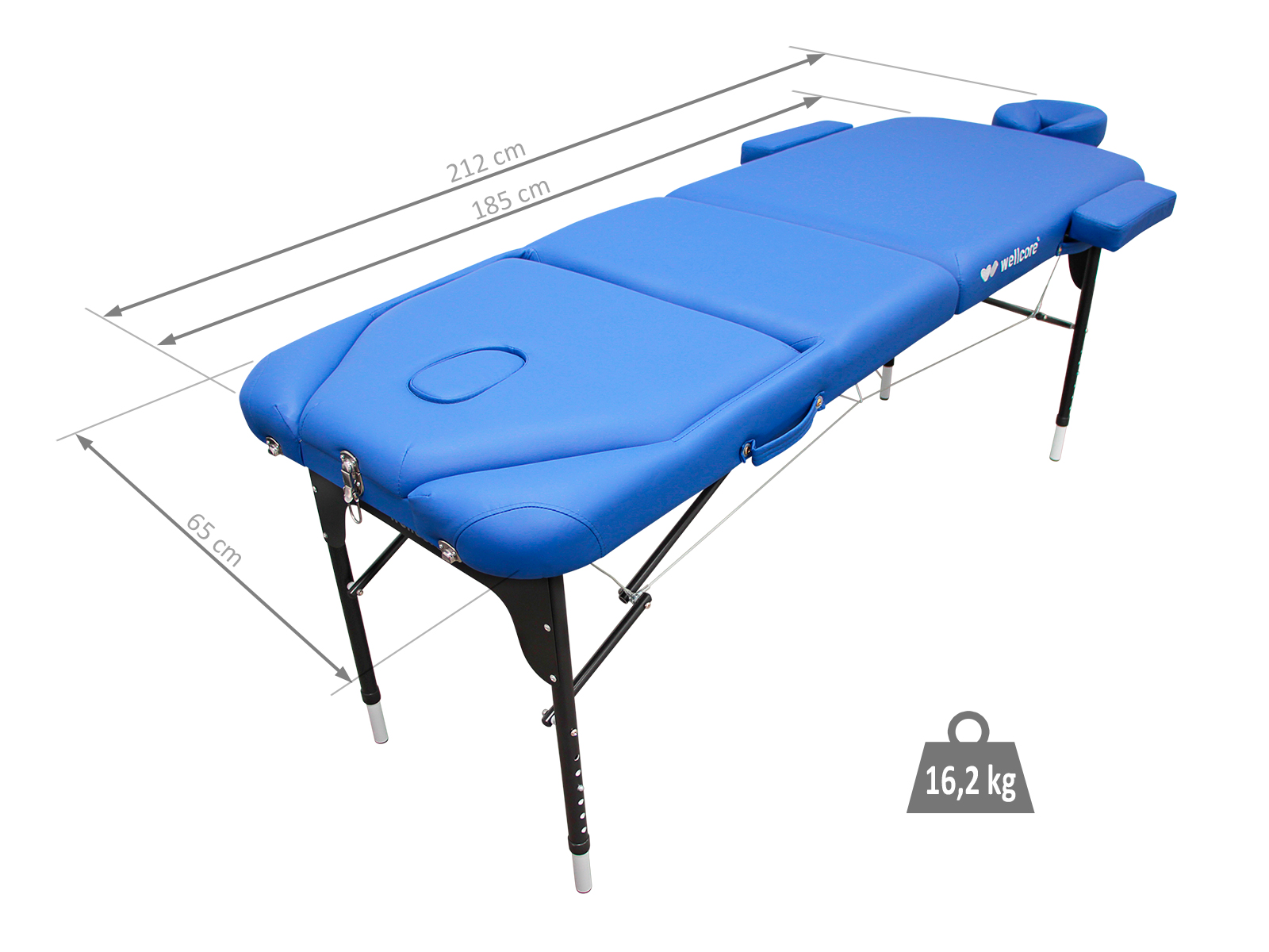 Una camilla azul con patas negras. Dimensiones: 212cm largo, 185cm superficie, 65cm alto. Peso: 16.2 kg.
