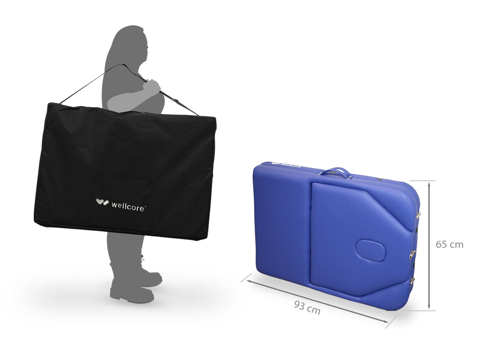 Una persona lleva una bolsa negra con 'wellcore'. A la derecha, una mesa de masaje azul, dimensiones 93cm x 65cm.