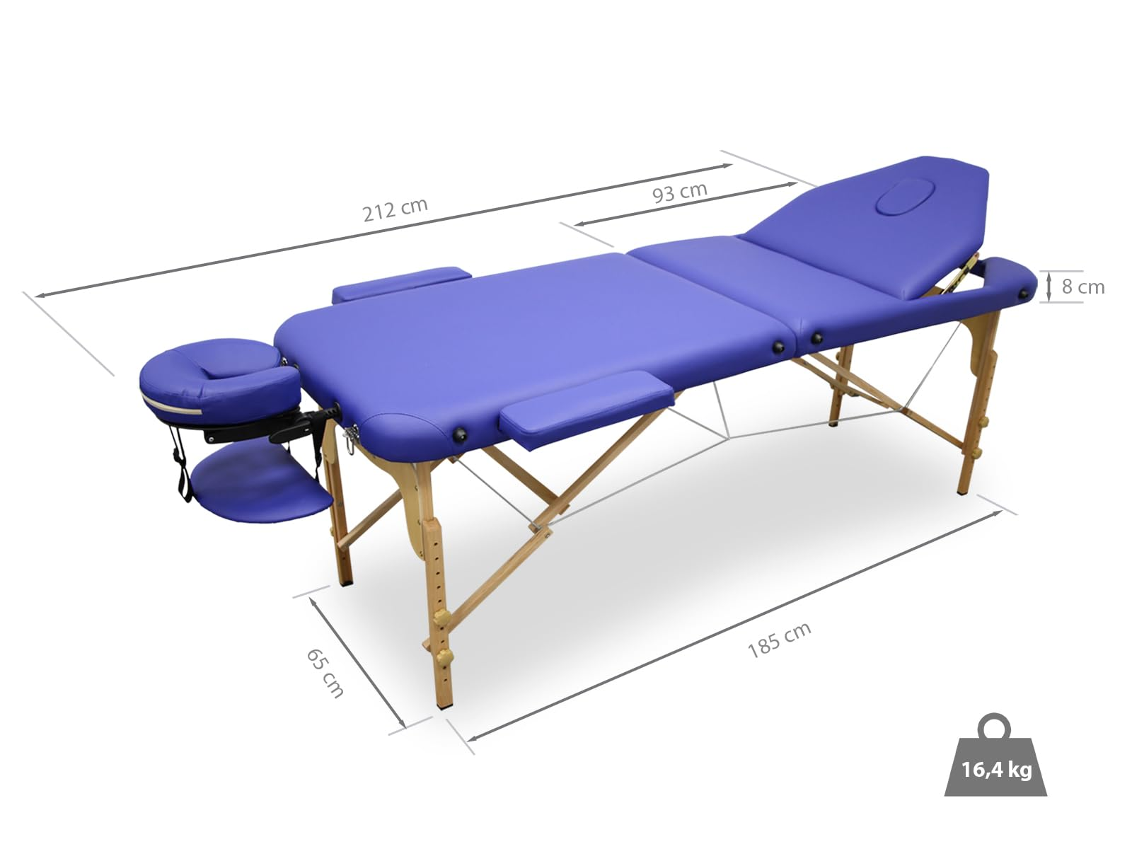 Se muestra una camilla azul con medidas. Tiene reposacabezas, reposabrazos y patas de madera. Pesa 16,4 kg.