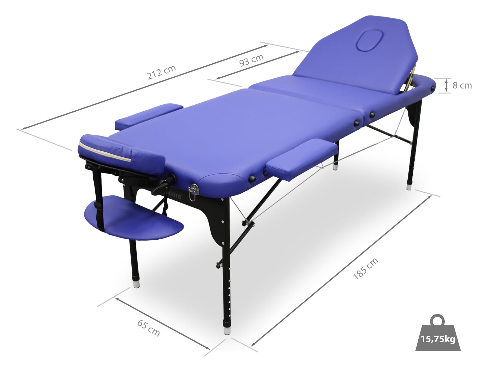 Una camilla de masaje azul con dimensiones. Incluye reposabrazos, soporte facial y estante. Pesa 15,75 kg.