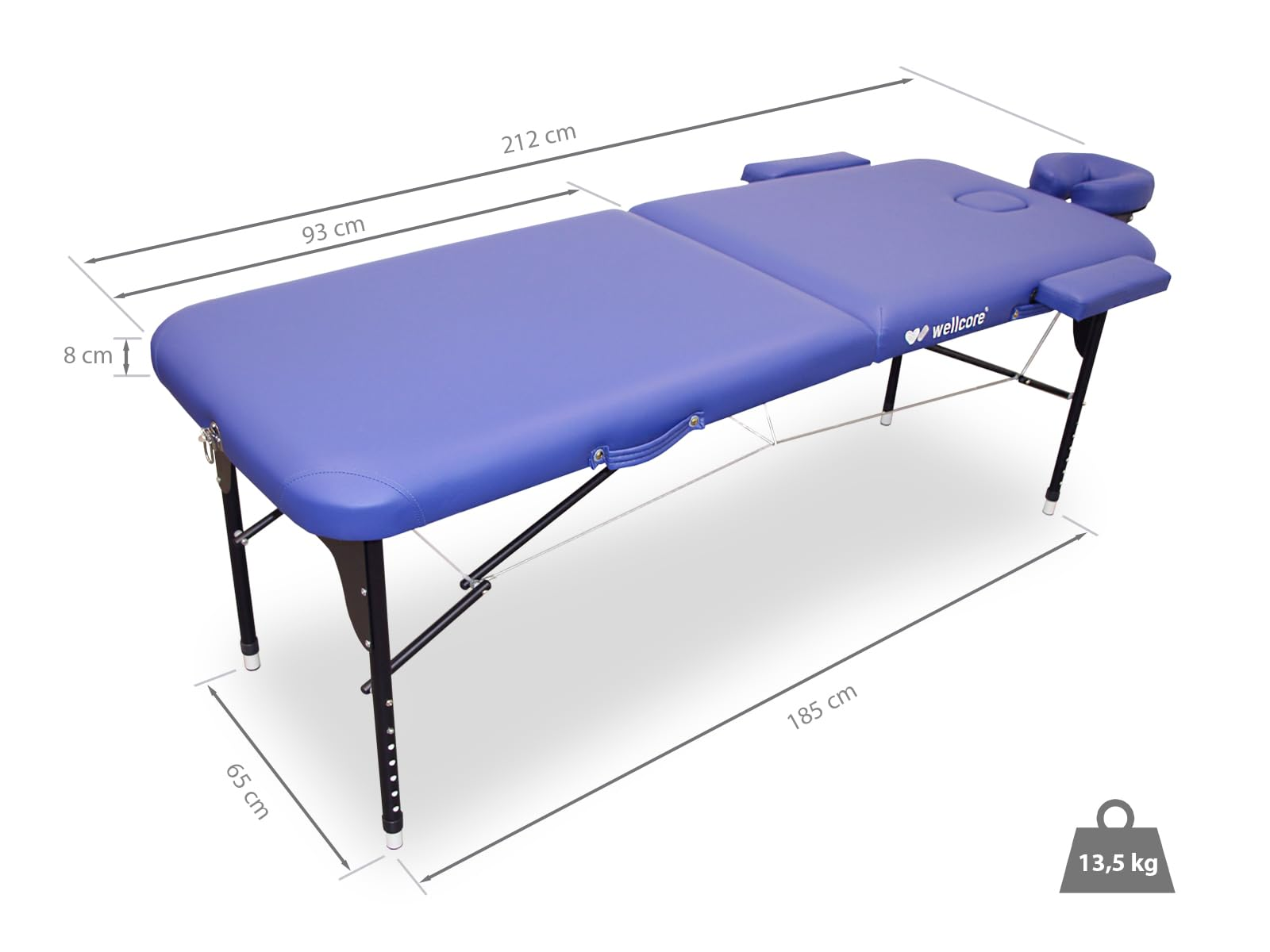 Una camilla azul con patas negras. Dimensiones: 212 cm largo, 93 cm ancho, 8 cm alto, 185 cm base, 65 cm alto. Peso 13,5 kg.