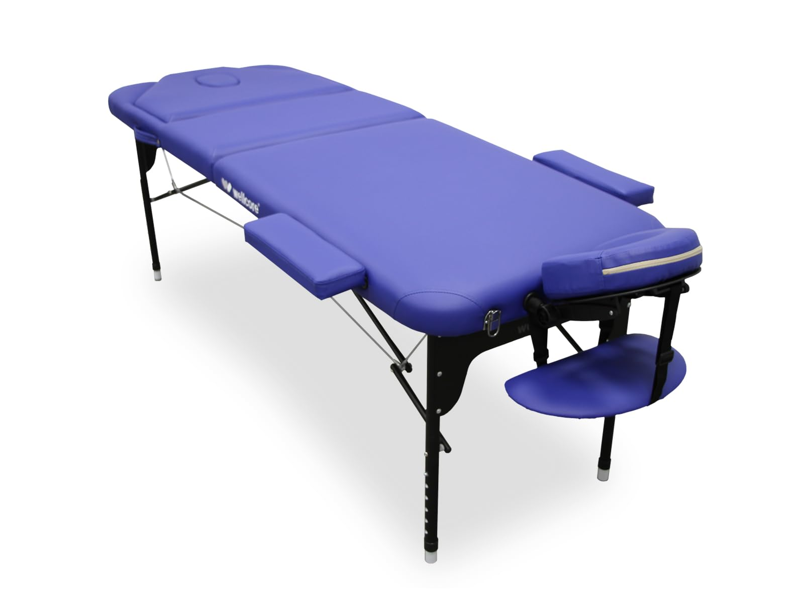 Una mesa de masaje azul con patas negras, reposabrazos y un soporte para la cara, sobre un fondo blanco.