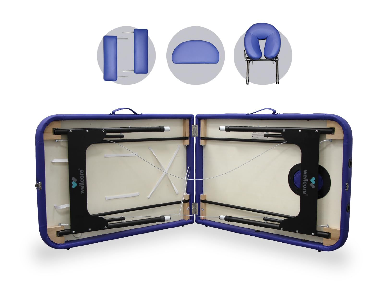 Una mesa de masaje azul, parcialmente abierta, con reposacabezas y reposabrazos desmontables. La marca es 'wellcore'.