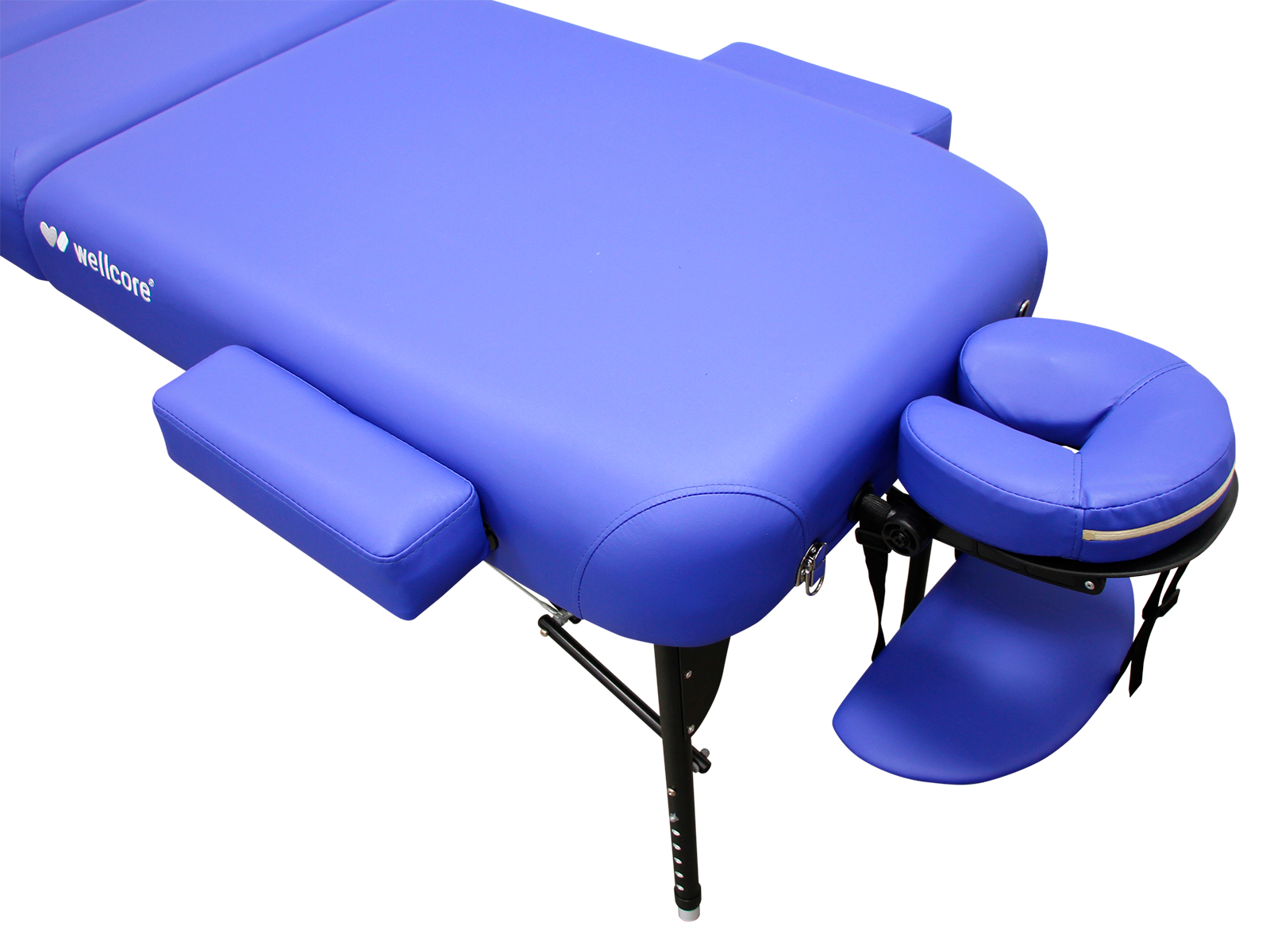 Mesa de masaje azul con reposabrazos y reposacabezas. Patas negras. Fondo blanco. Logotipo de Wellcare en el lateral.
