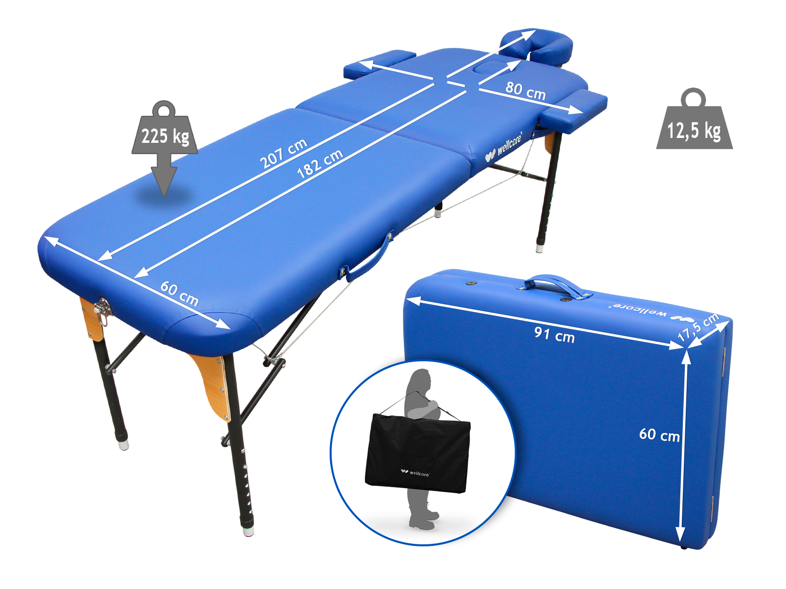 Una mesa de masaje azul con dimensiones, una funda y los indicadores de peso se muestran sobre un fondo blanco.