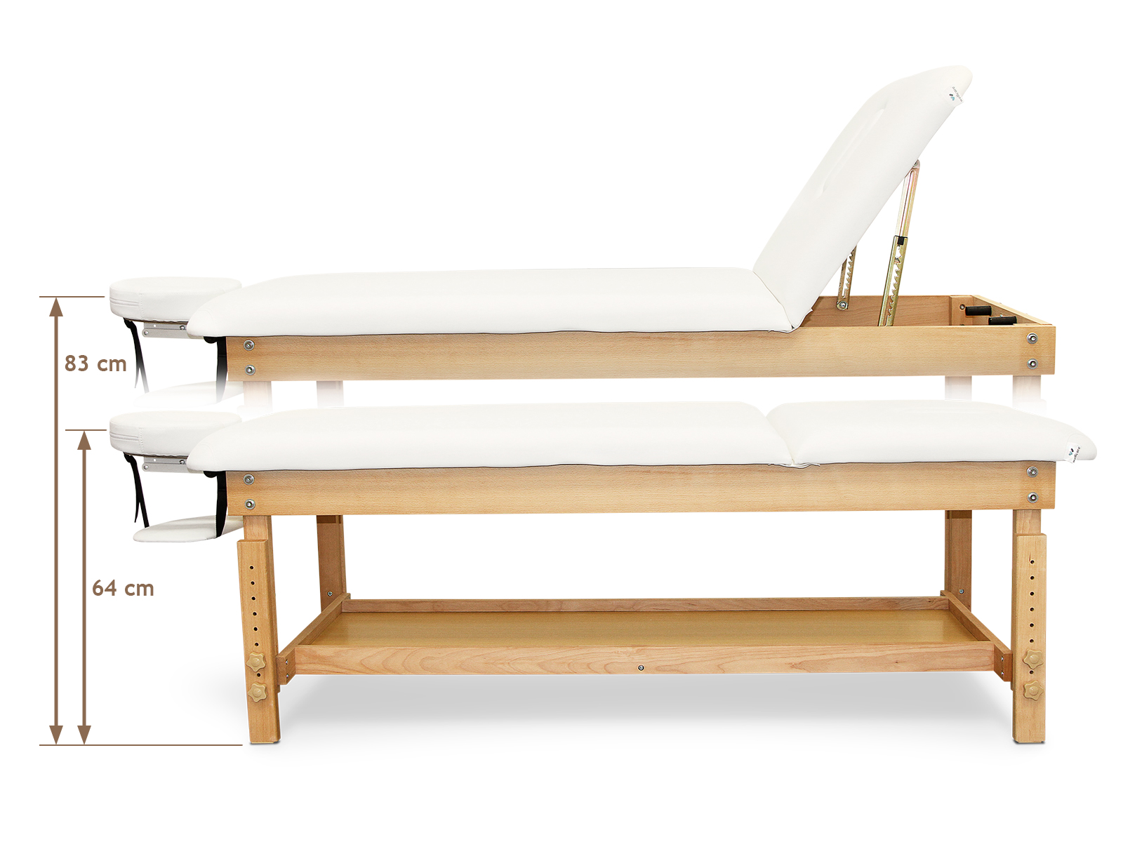 Dos mesas de masaje. Una es plana, la otra tiene el reposacabezas levantado. Ambas son de madera clara con cojines blancos. Se indican las dimensiones.