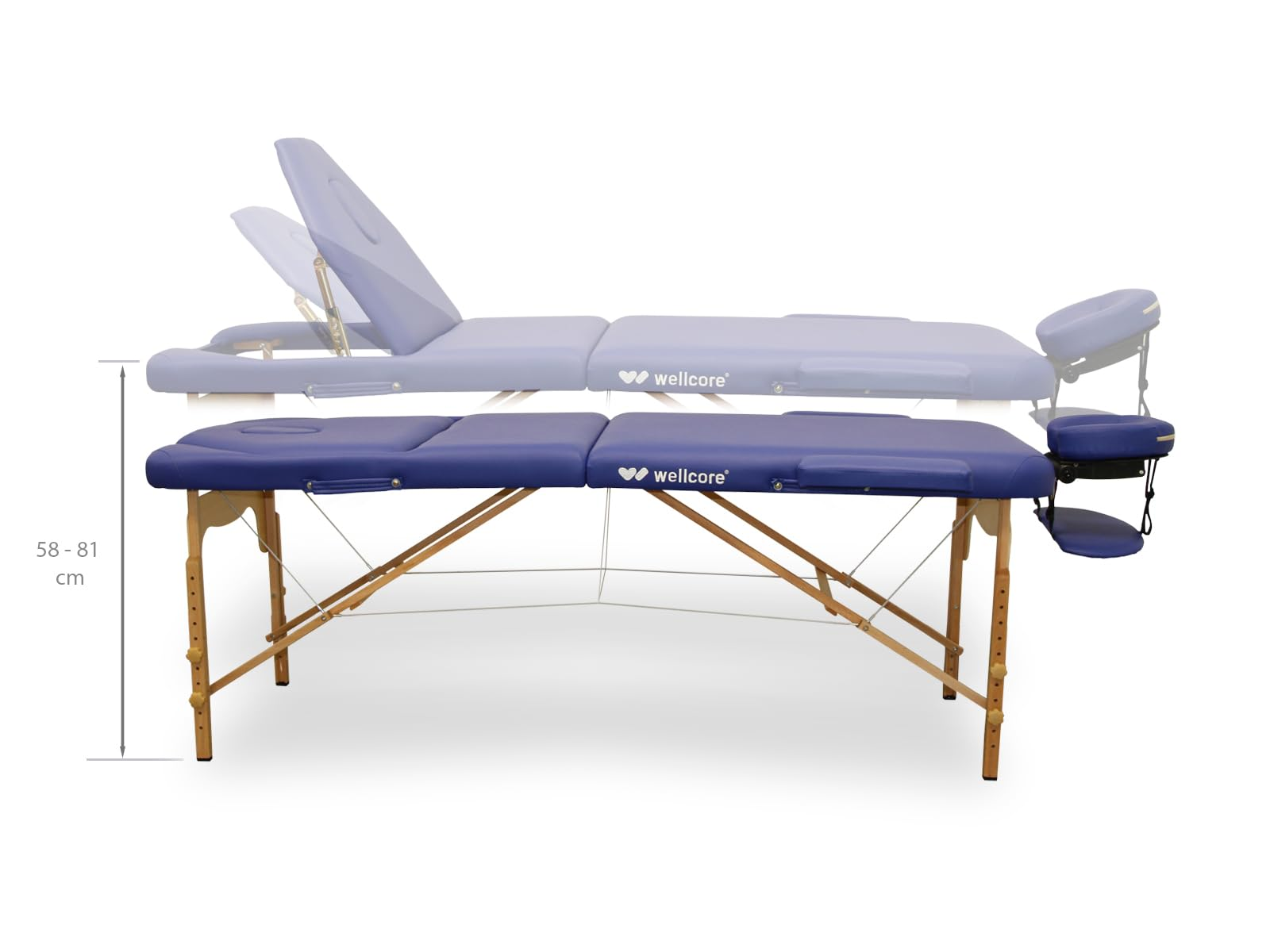 Se muestra una mesa de masaje azul con patas de madera. El reposacabezas es ajustable. Hay detalles de tamaño de 58-81 cm.