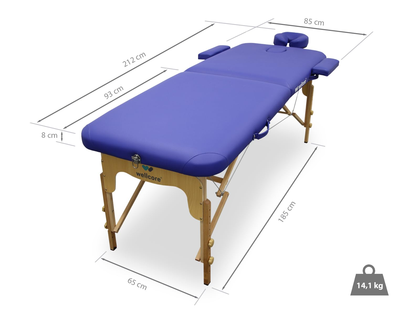 Una camilla de masaje azul con patas de madera. Dimensiones: 212 cm largo, 85 cm ancho, 185 cm alto. Peso: 14,1 kg.