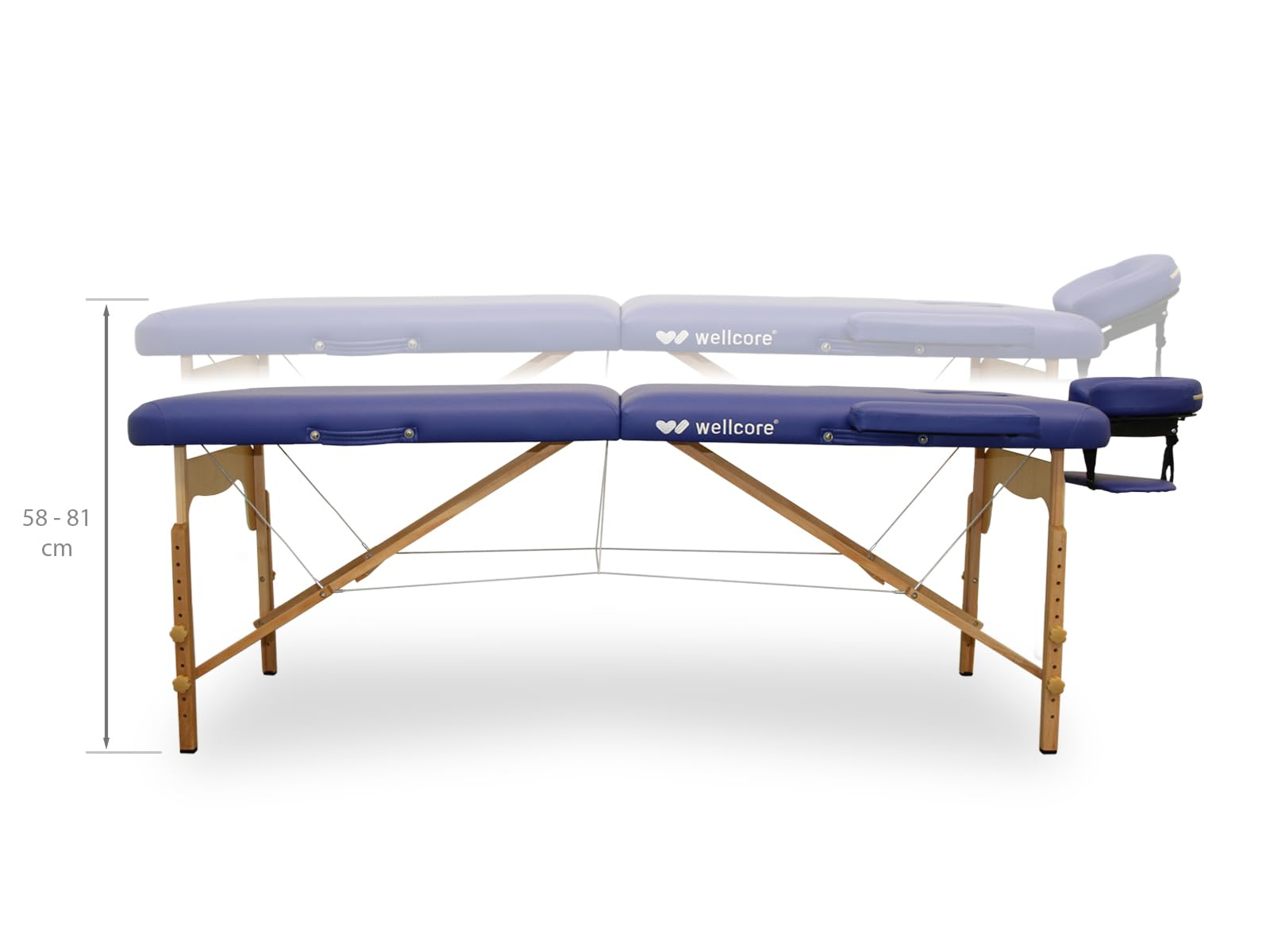 Una camilla azul con patas de madera. La altura es ajustable de 58 a 81 cm. La marca "wellcore" está en la camilla.