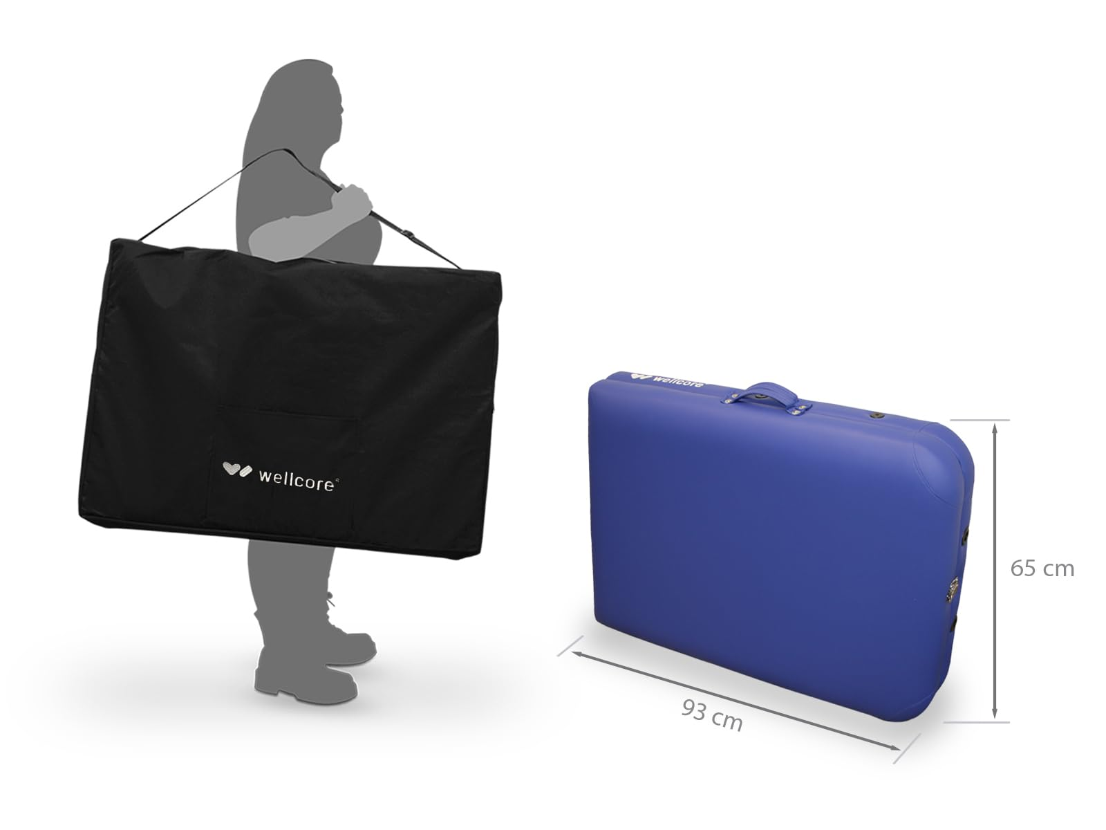 Una persona lleva una bolsa negra con la etiqueta 'wellcore'. A la derecha hay una mesa de masaje azul, dimensiones: 93cm x 65cm.