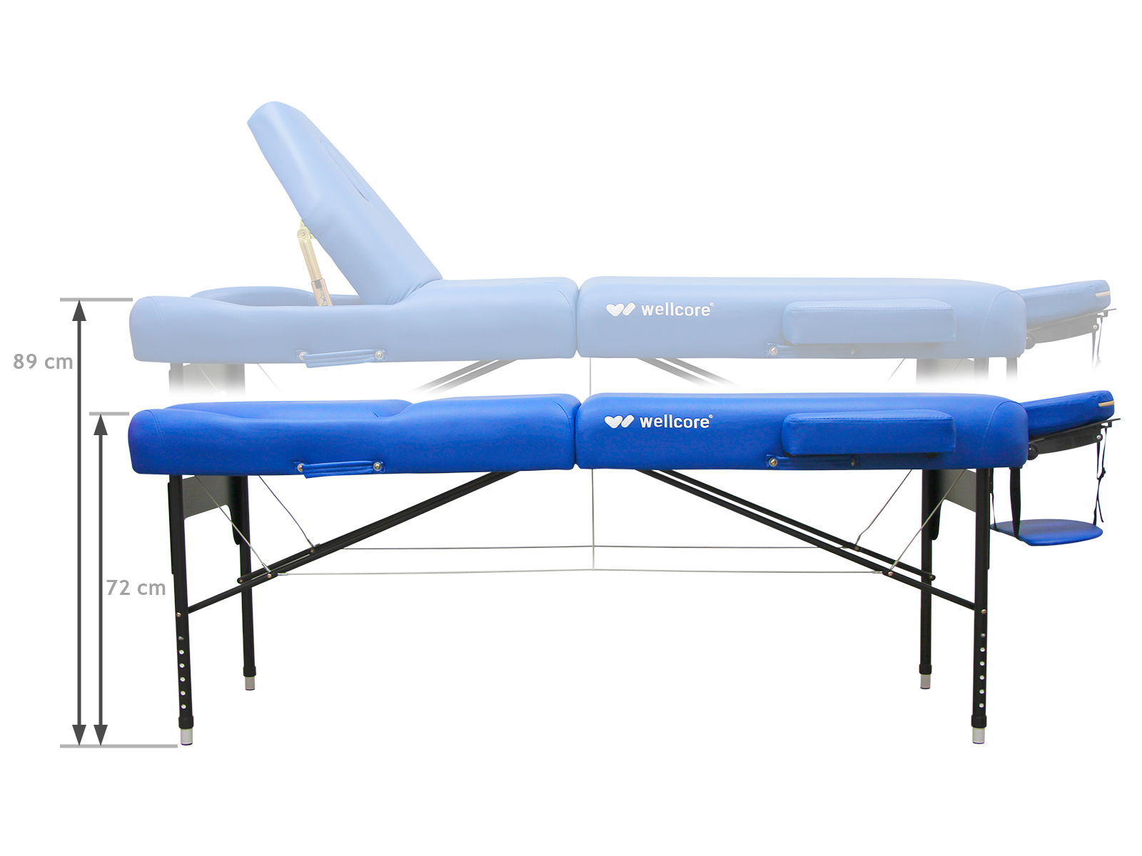 Una camilla azul de masaje, con la marca 'wellcore'. La mesa es ajustable, con medidas y un reposacabezas opcional.