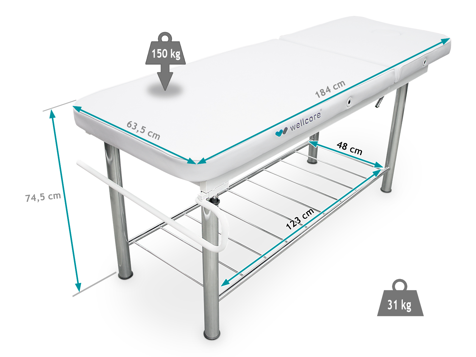 Una mesa de masaje blanca con patas plateadas. Dimensiones etiquetadas. Capacidad de peso de 150 kg.