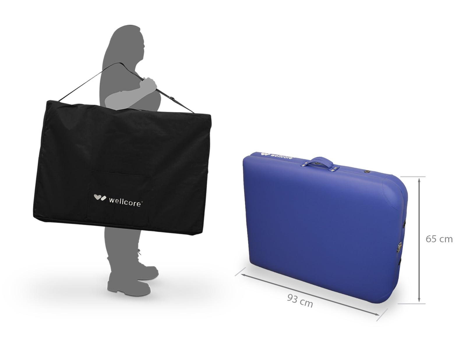Una persona lleva una bolsa negra con el logo 'wellcore'. Una mesa de masaje azul está al lado con medidas.